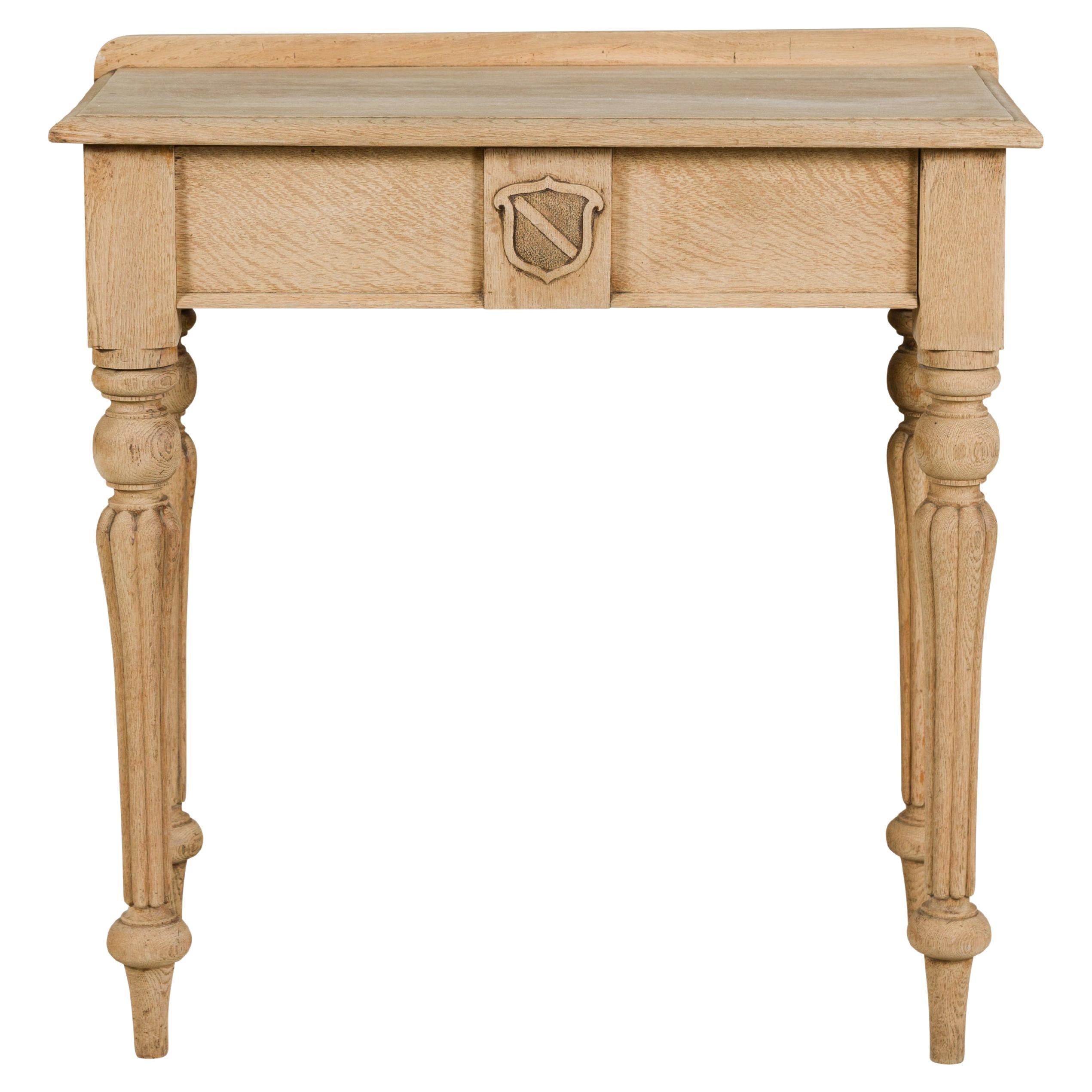 19th Century English Bleached Oak Side Table with Carved Shield Motif
