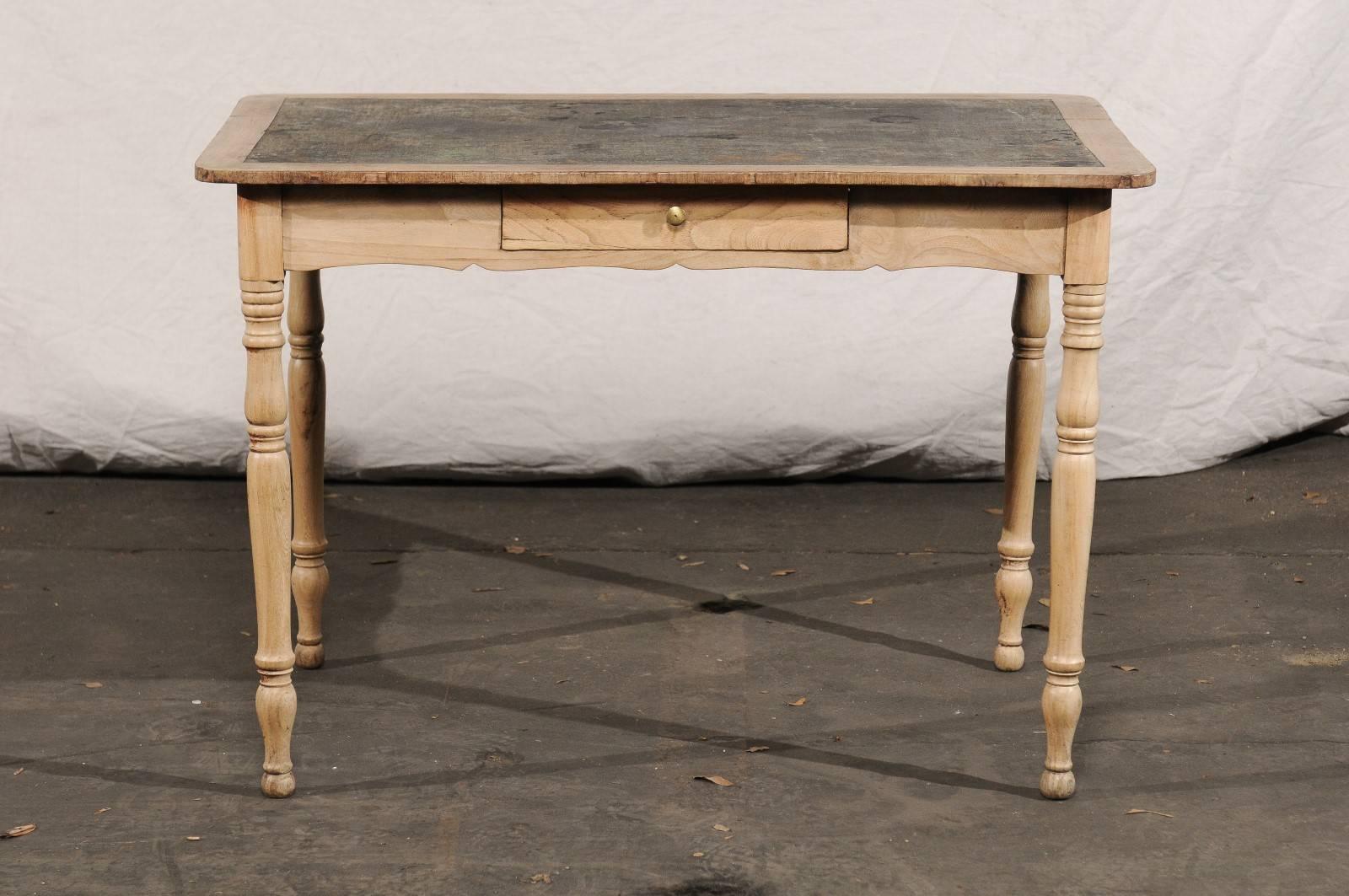 19th century English bleached pine writing table with leather top, one drawer.