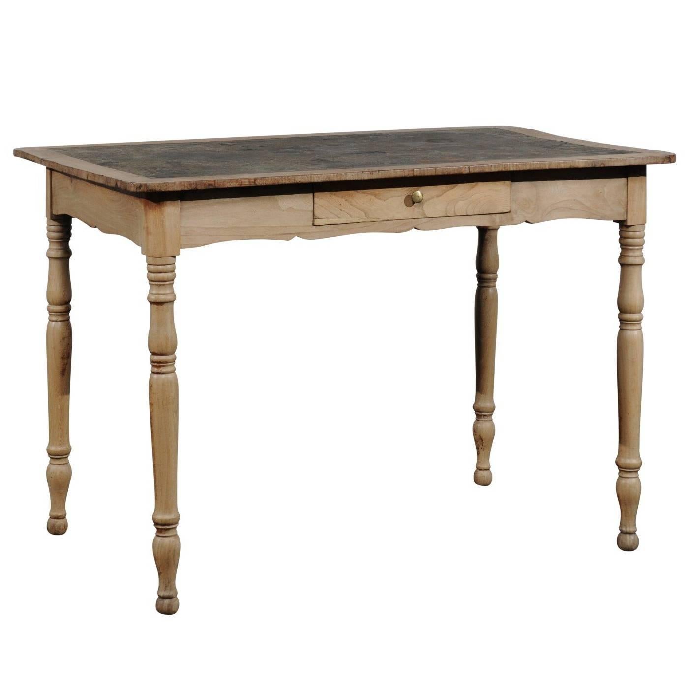 19th Century English Bleached Pine Writing Table with Leather Top
