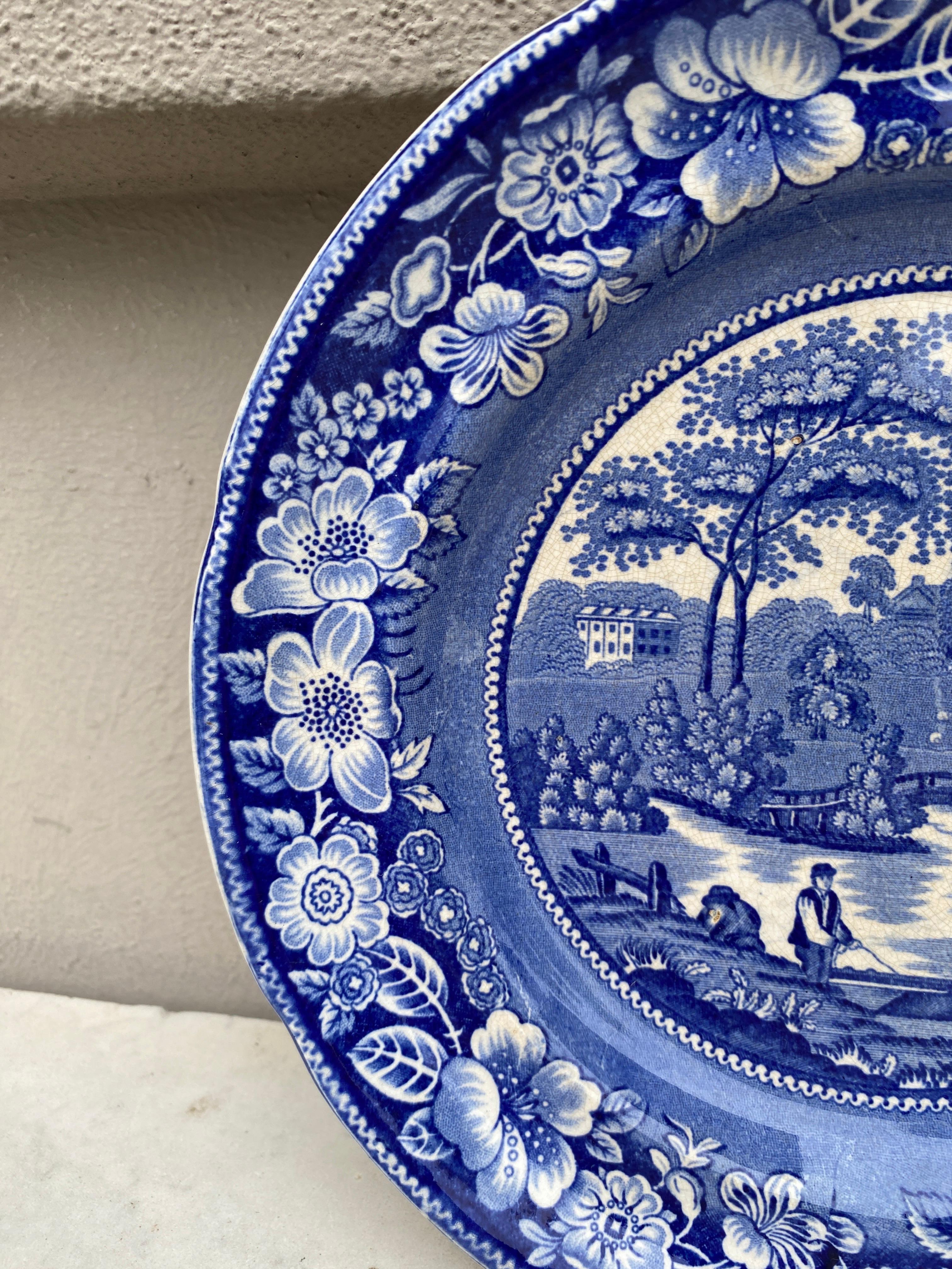 Victorian 19th Century English Blue and White Wild Rose Plate For Sale
