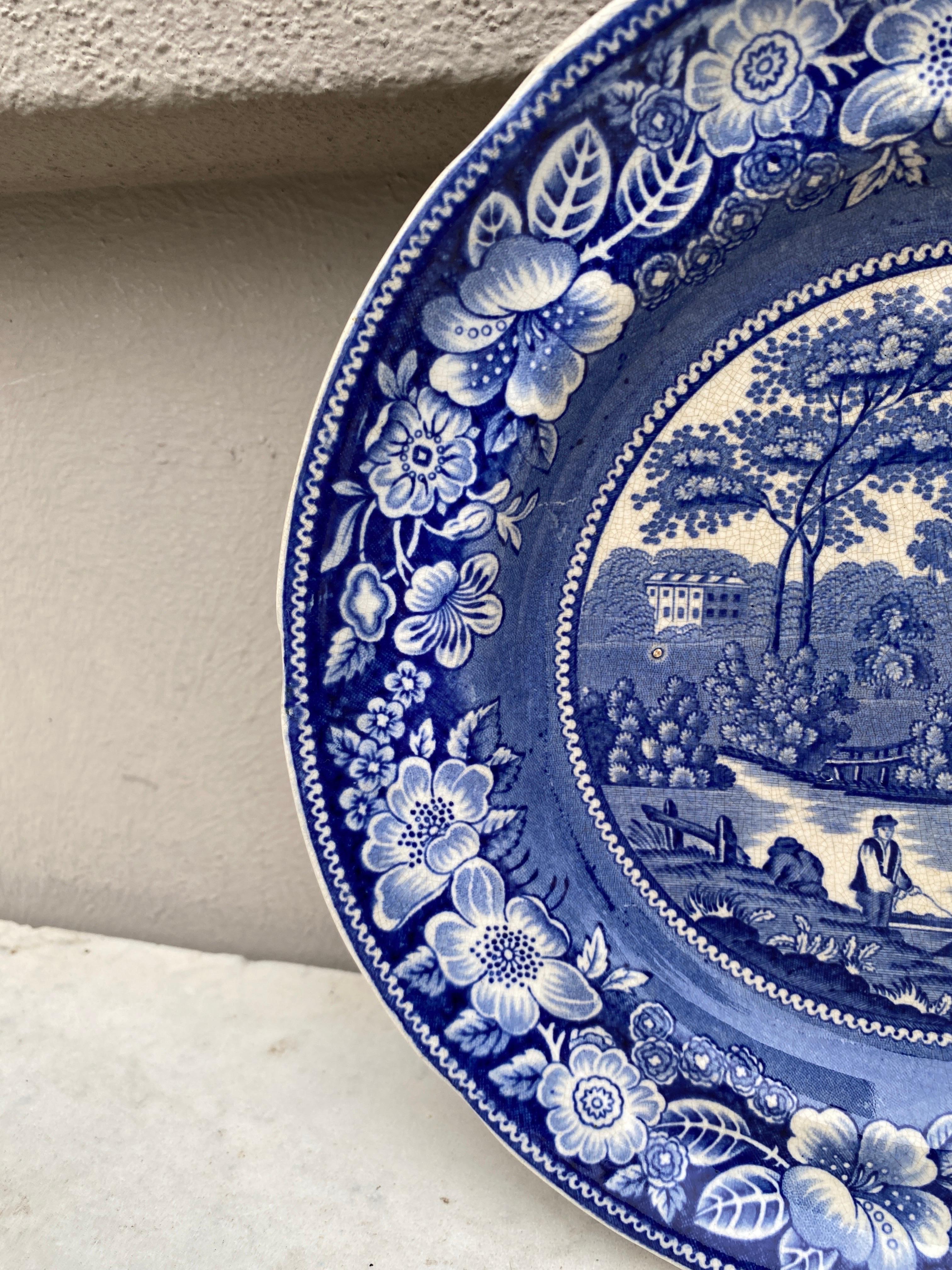 Victorian 19th Century English Blue and White Wild Rose Plate For Sale