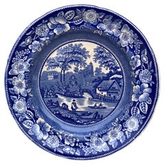 Englischer blau-weißer Wildrose-Teller aus dem 19. Jahrhundert