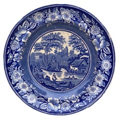Assiette anglaise bleue et blanche de roses sauvages du 19ème siècle