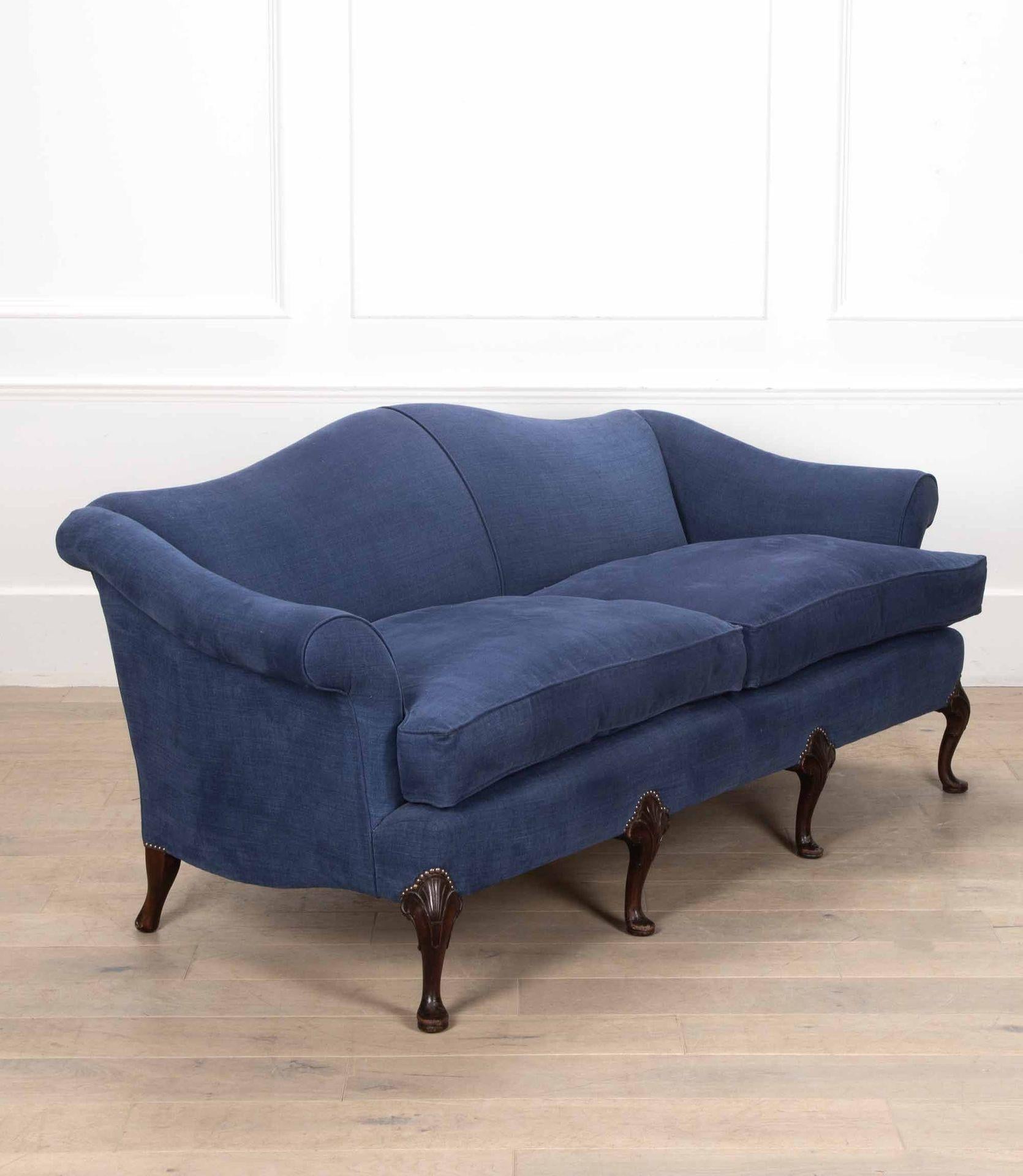 Country Canapé en lin bleu anglais du XIXe siècle en vente