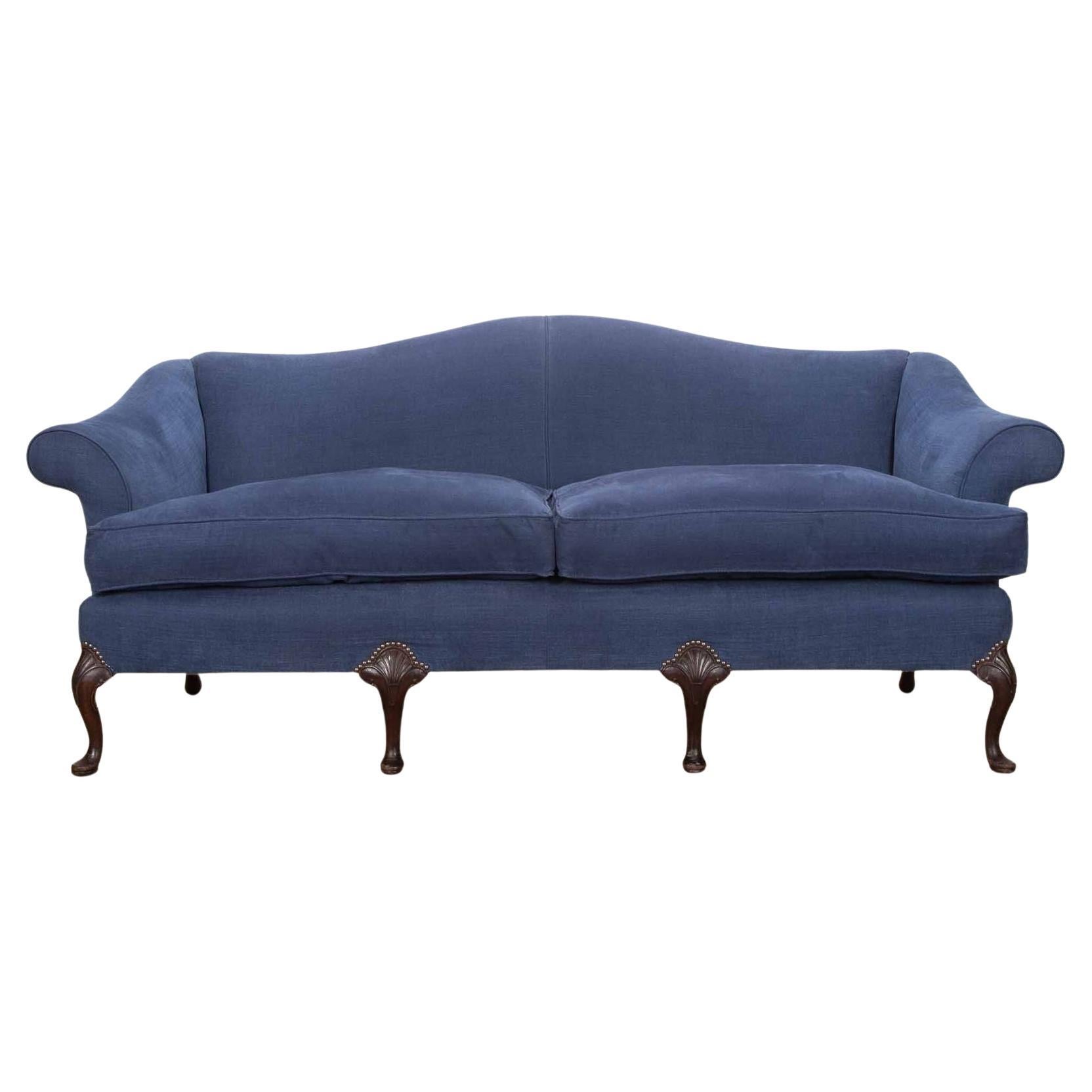 Englisches blaues Leinen-Sofa aus dem 19. Jahrhundert