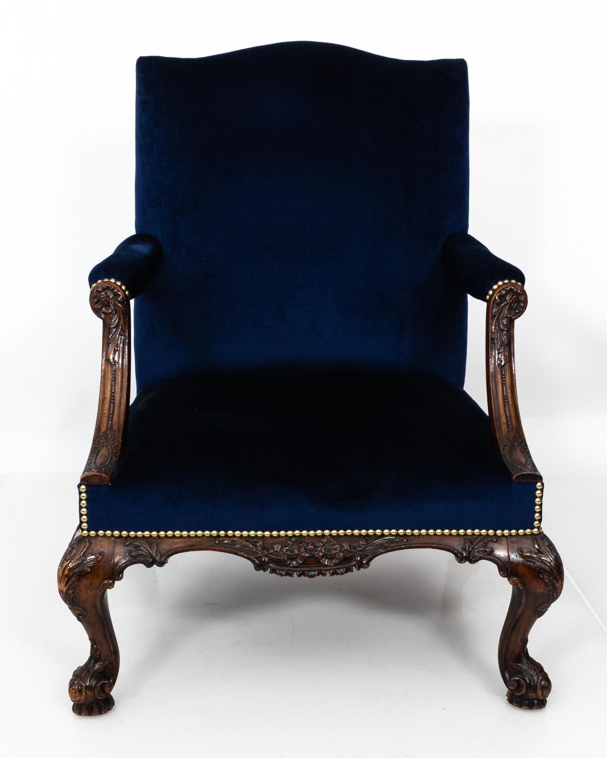 Brass 19th Century English Blue Velvet Upholstered Library Chair