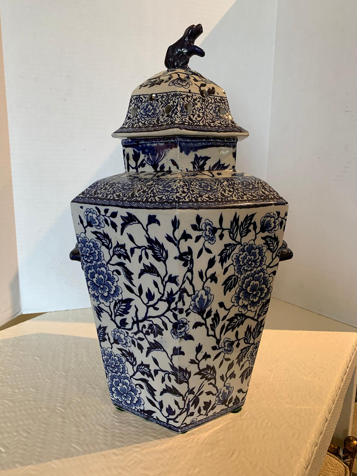 19th century English blue and white transferware porcelain lidded hexagonal potpourri vase.