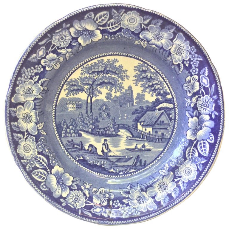 19th Century English Blue and White Wild Rose Plate For Sale at 1stDibs