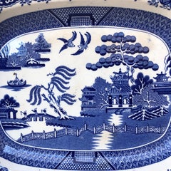 19th Century English Blue & White Willow Chinoiserie Meat Platter