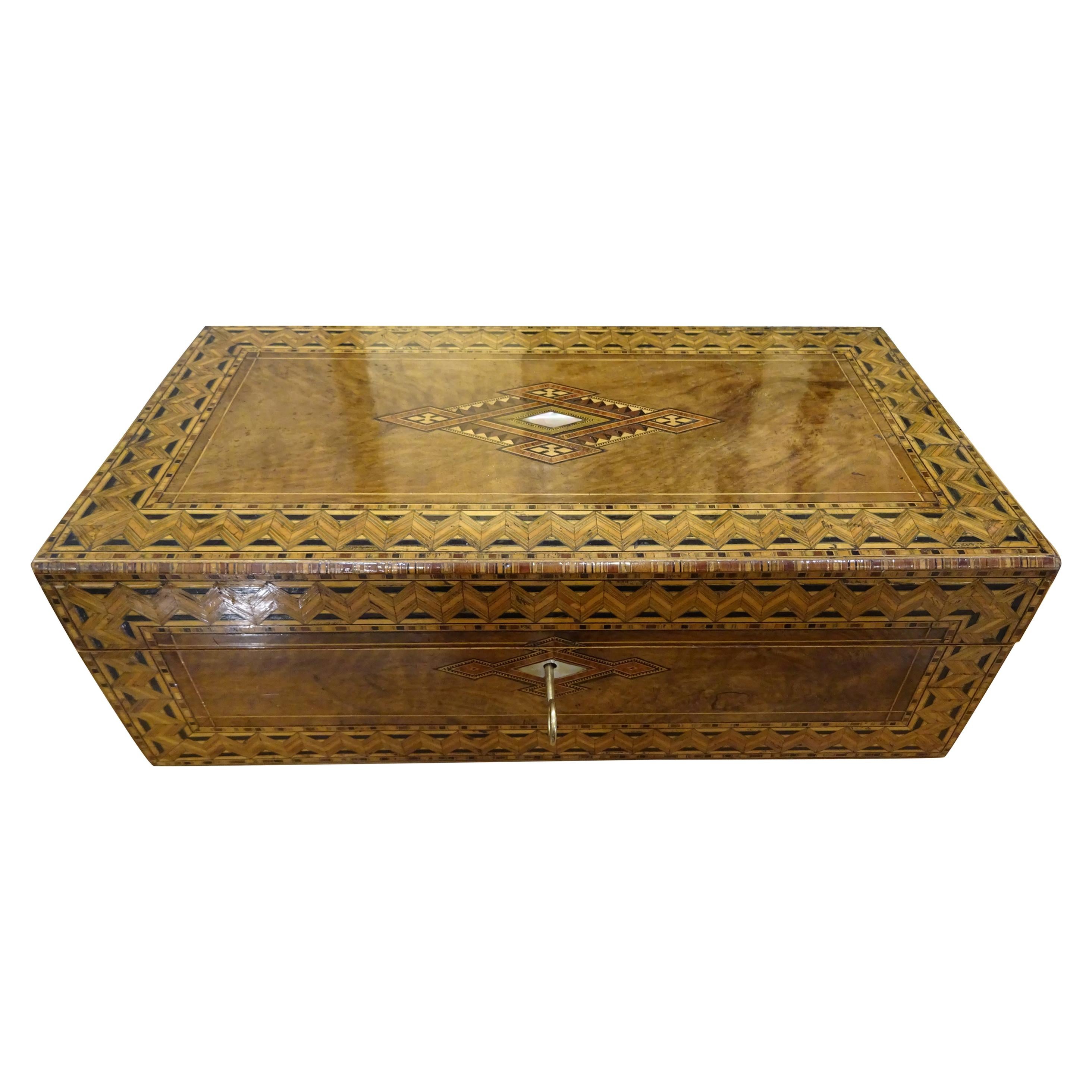 19th Century English Boat Desk-Box, Inlaid Wood and Mother of Pearl