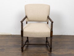 19th Century English Bobbin-Turned Wood Armchair with Linen Upholstery