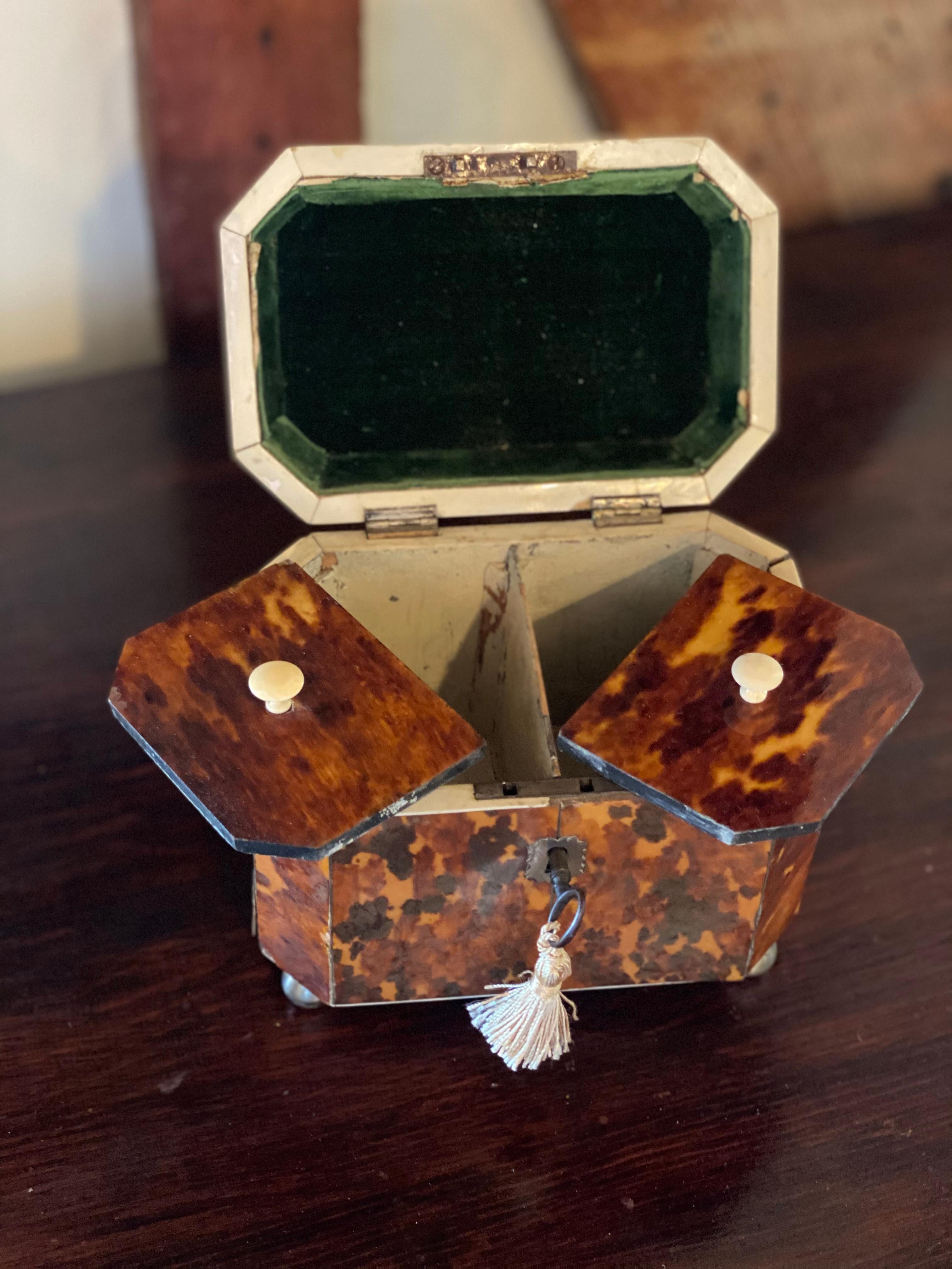 19th Century English Bone Inlaid Tortoise Shell Tea Caddy In Good Condition In Richmond, VA