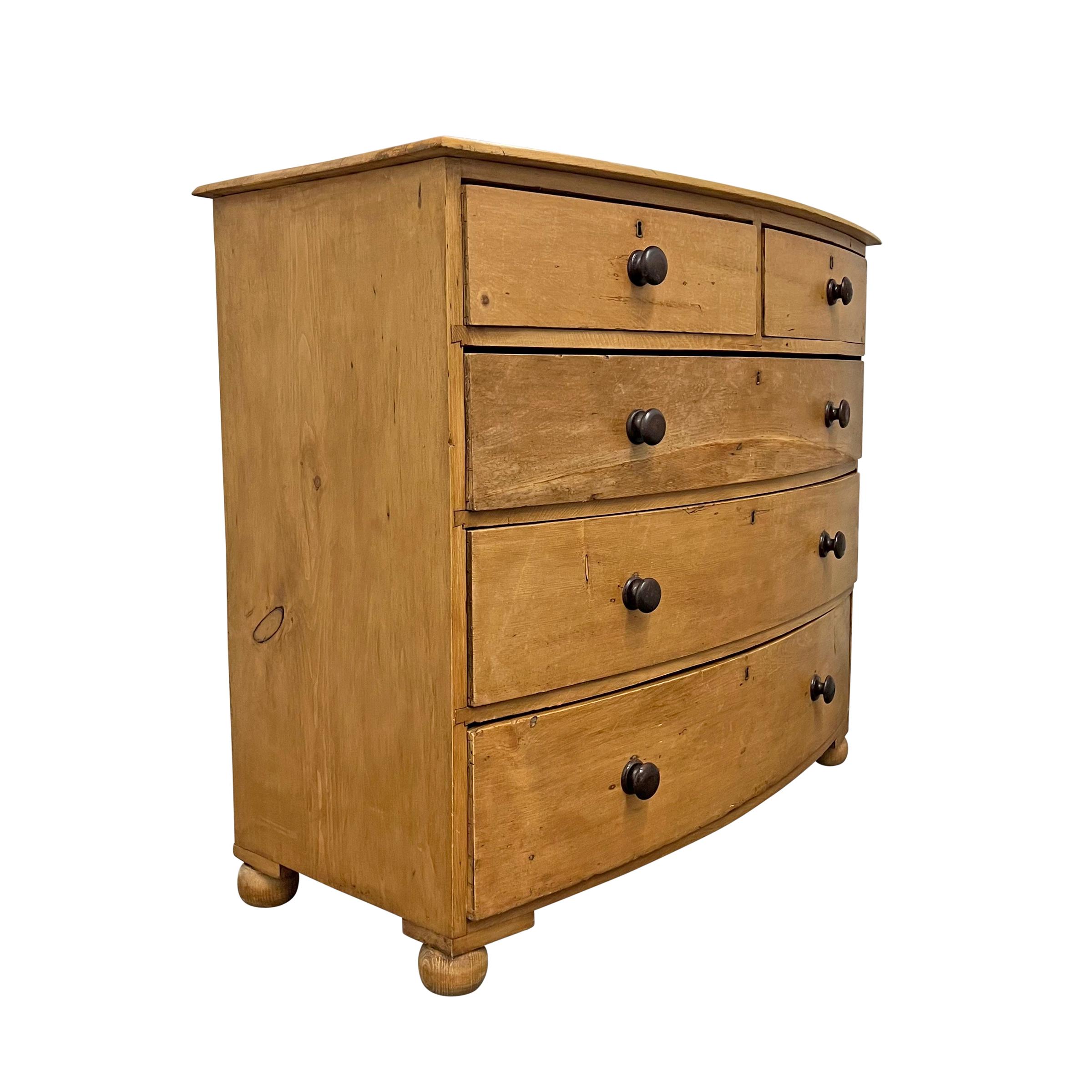 Pine 19th Century English Bow-Front Chest of Drawers For Sale