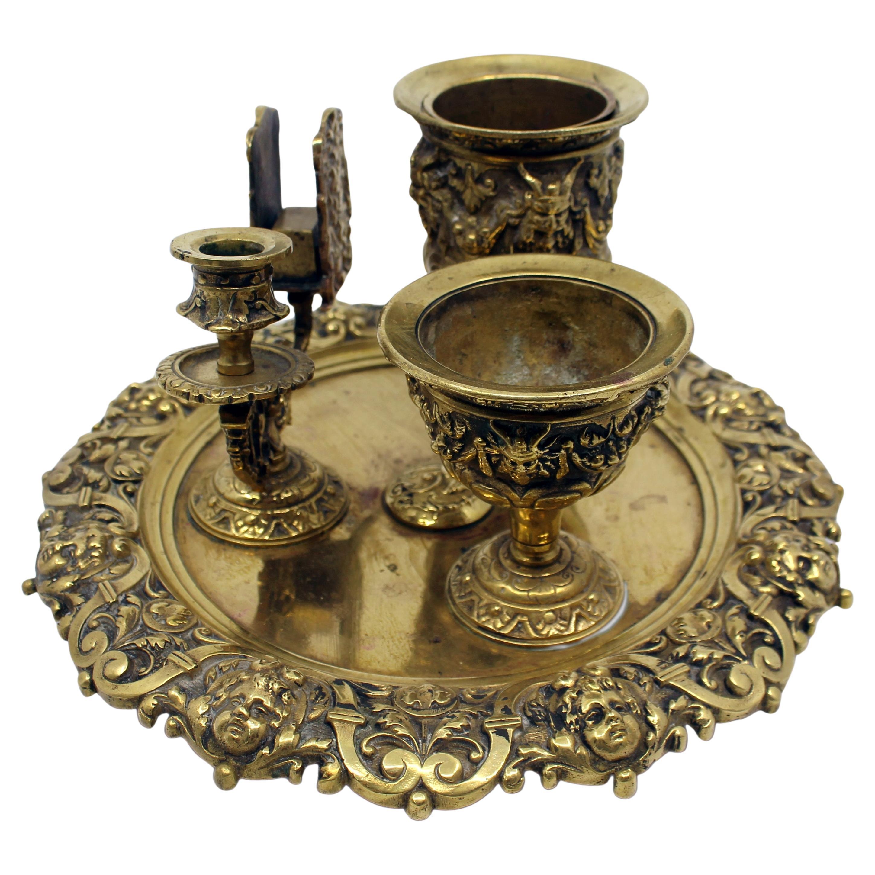 19th Century English Brass Inkwell & Writing Desk Set, c.1880