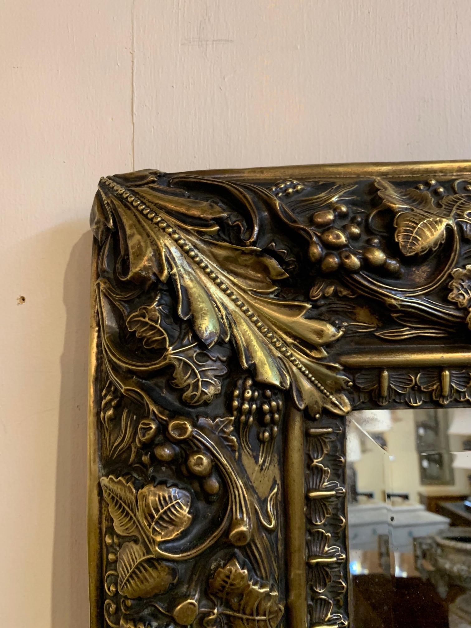 Repoussé 19th Century English Brass Repousse Mirror with Original Mercury Beveled Glass