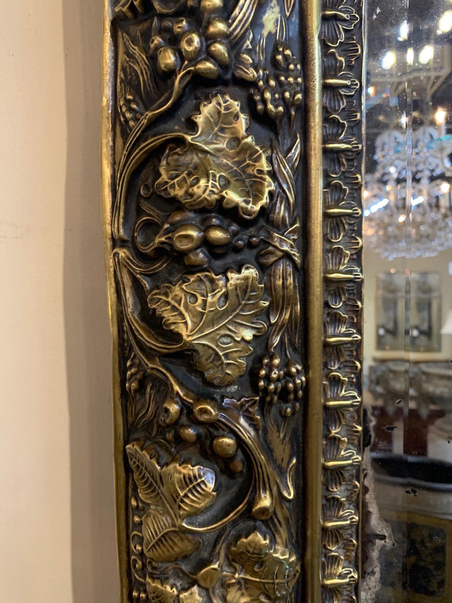 19th Century English Brass Repousse Mirror with Original Mercury Beveled Glass In Good Condition In Dallas, TX