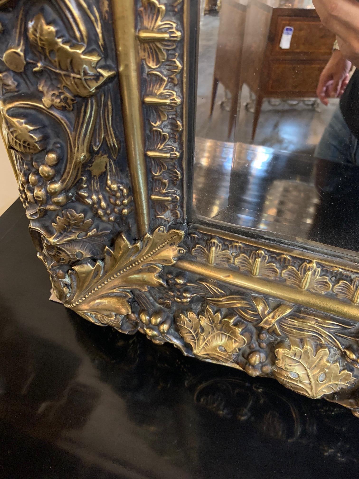 19th Century English Brass Repousse Mirror with Original Mercury Beveled Glass 2