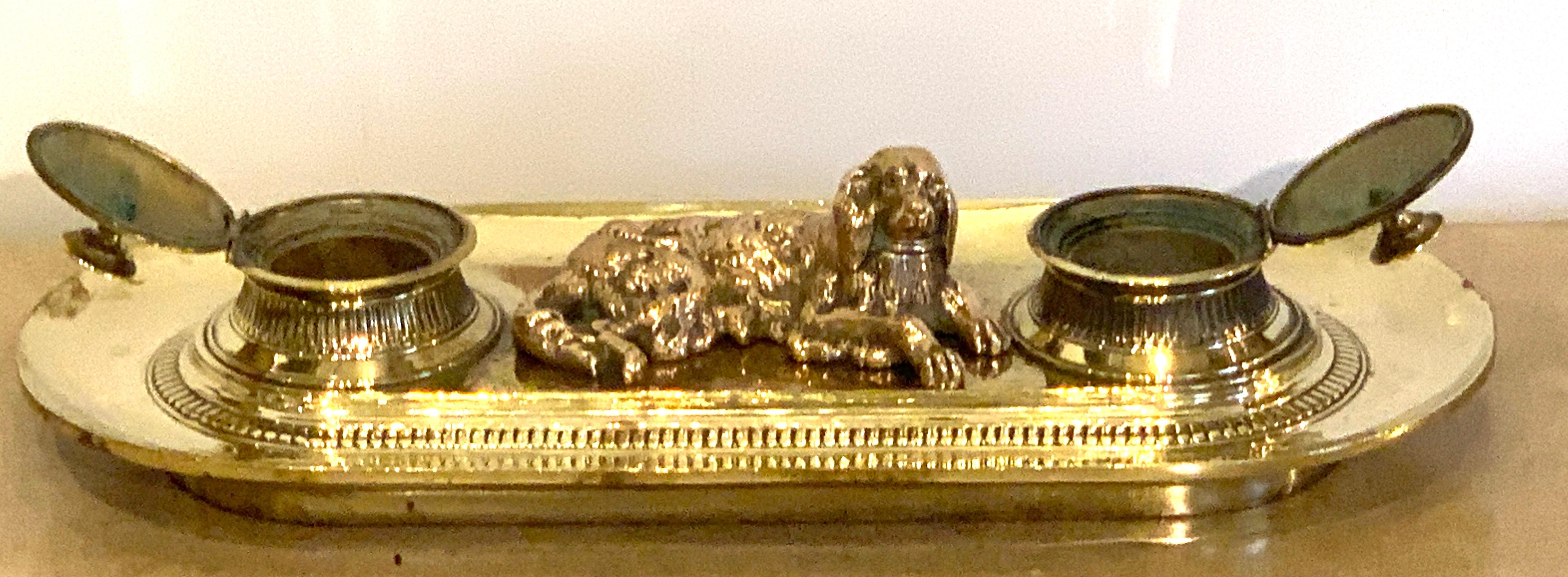 19th Century English Brass Resting Dog Double Inkwell In Good Condition In West Palm Beach, FL