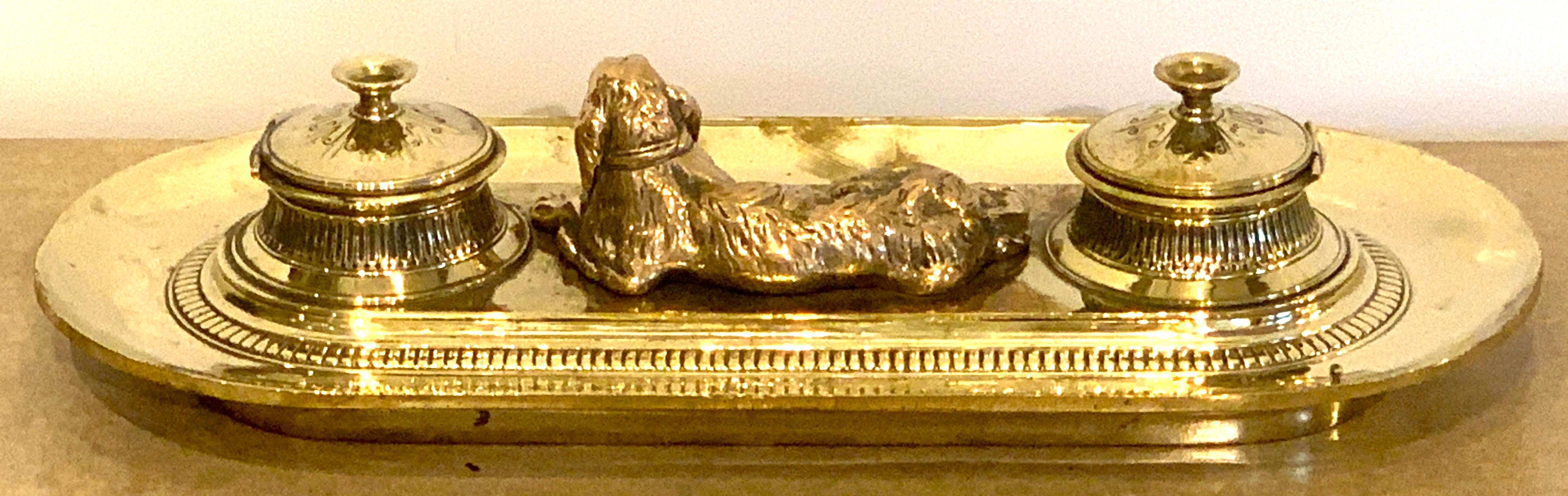 19th Century English Brass Resting Dog Double Inkwell 1