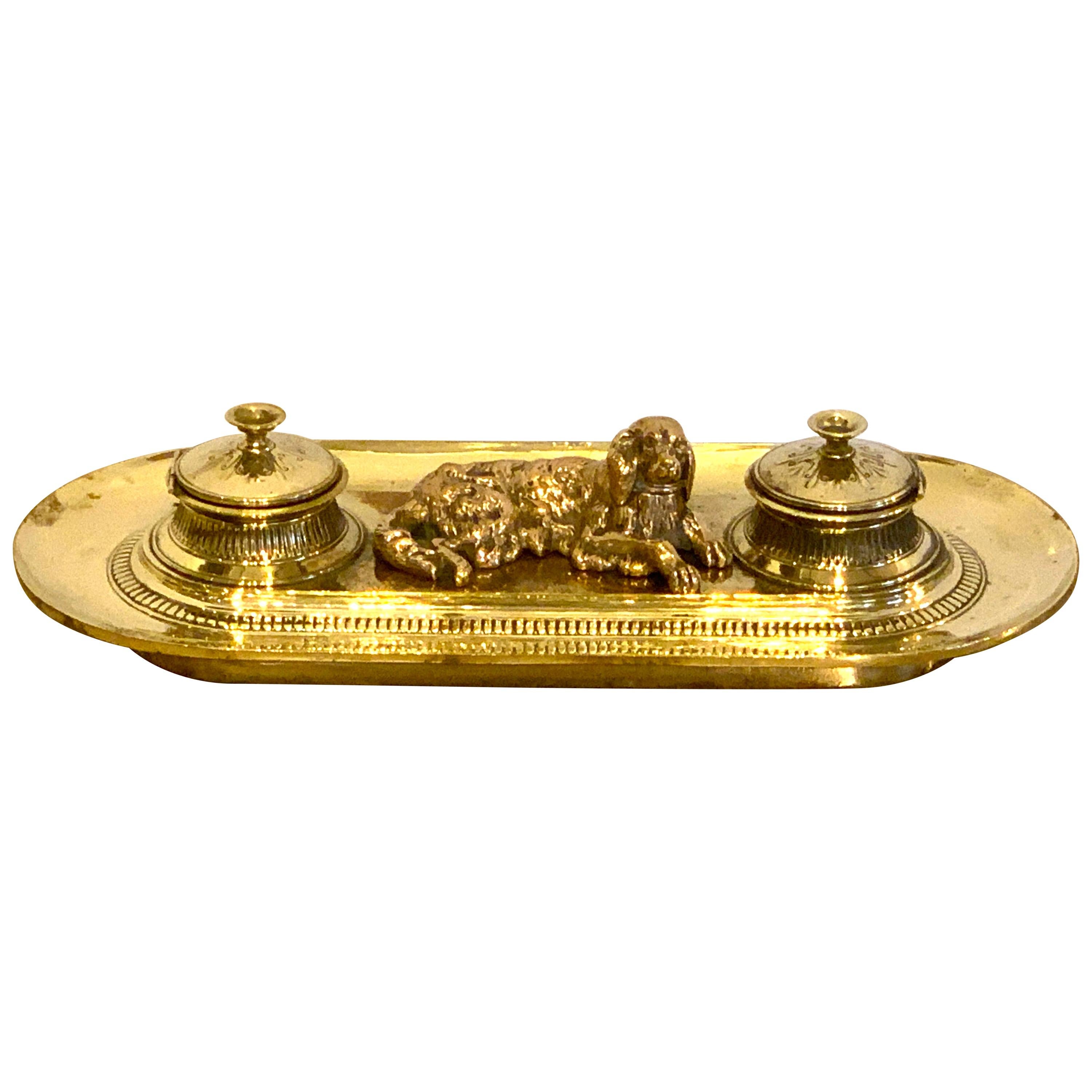 19th Century English Brass Resting Dog Double Inkwell For Sale