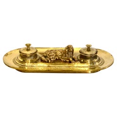 19th Century English Brass Resting Dog Double Inkwell