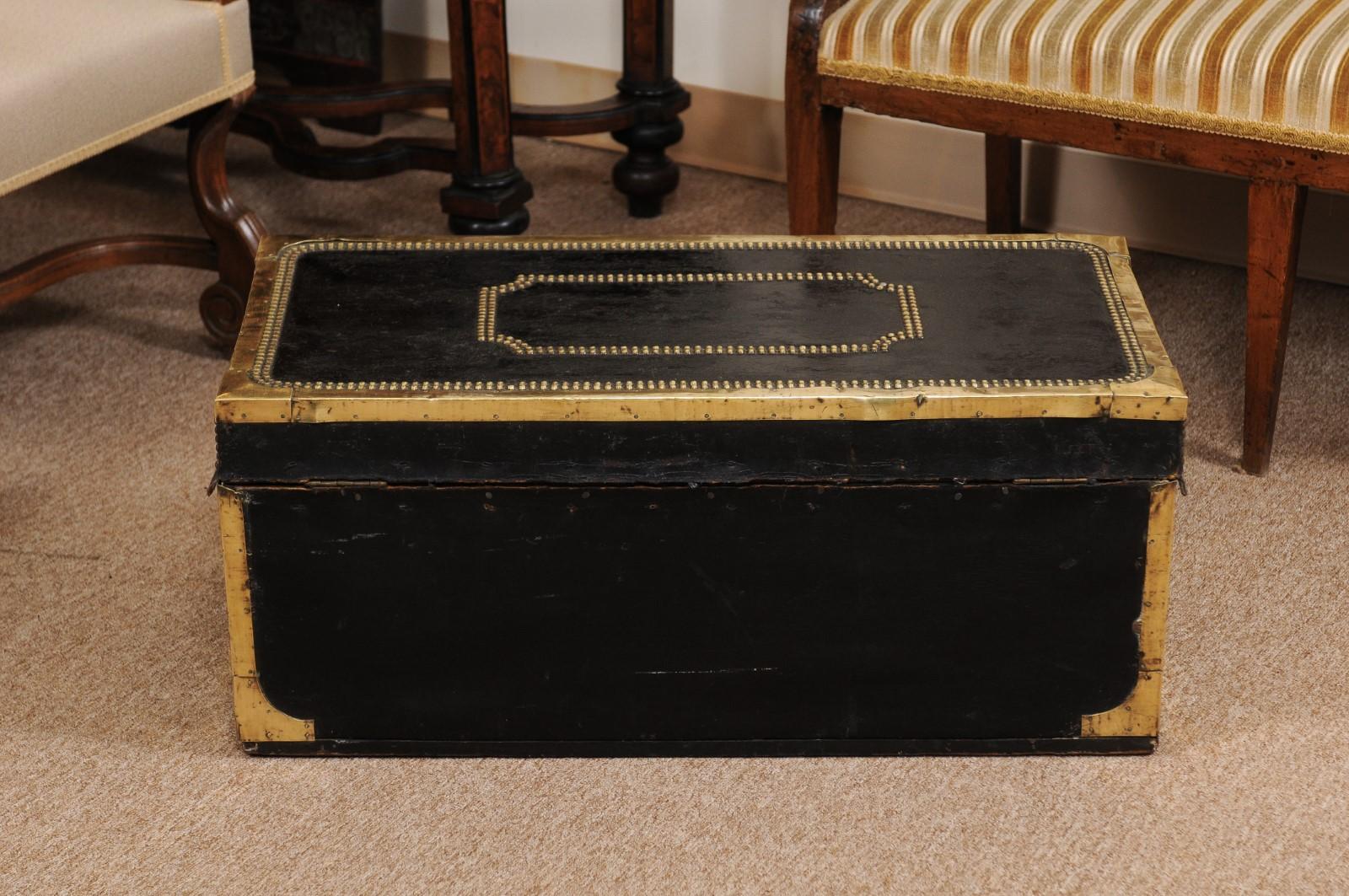 19th Century English Brass Studded Leather Trunk In Good Condition In Atlanta, GA