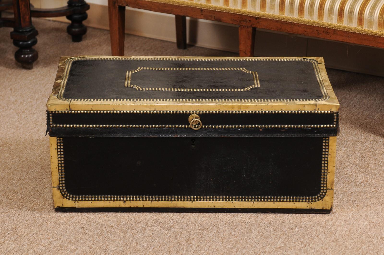 19th Century English Brass Studded Leather Trunk 2