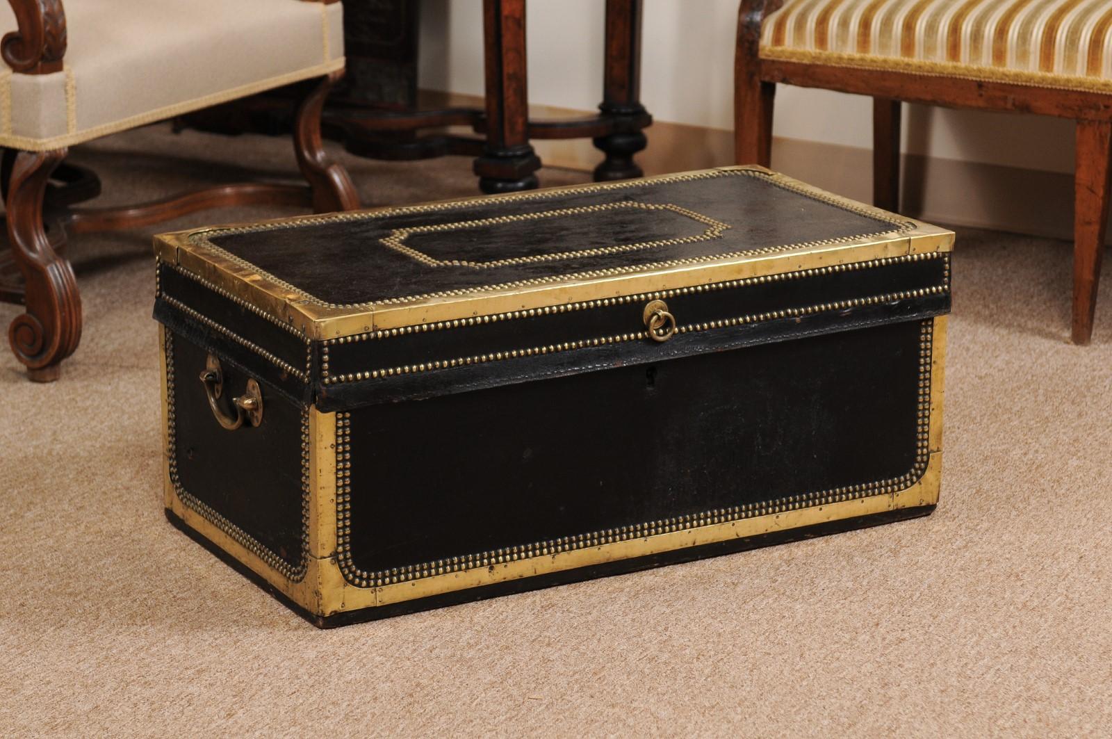 19th Century English Brass Studded Leather Trunk 4