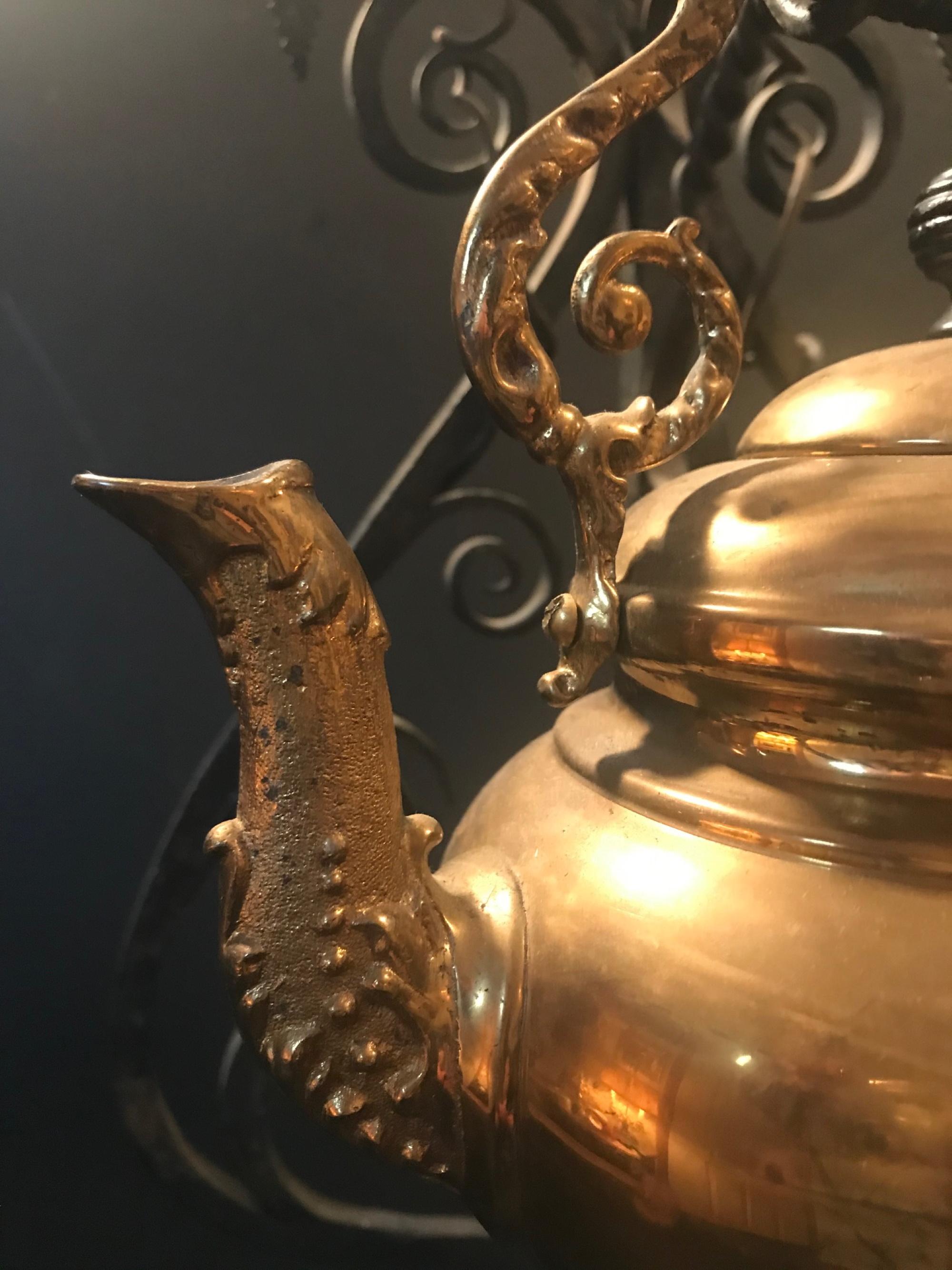 19th Century English Brass Tea Kettle Warmer Rare Wrought Iron Stand 2