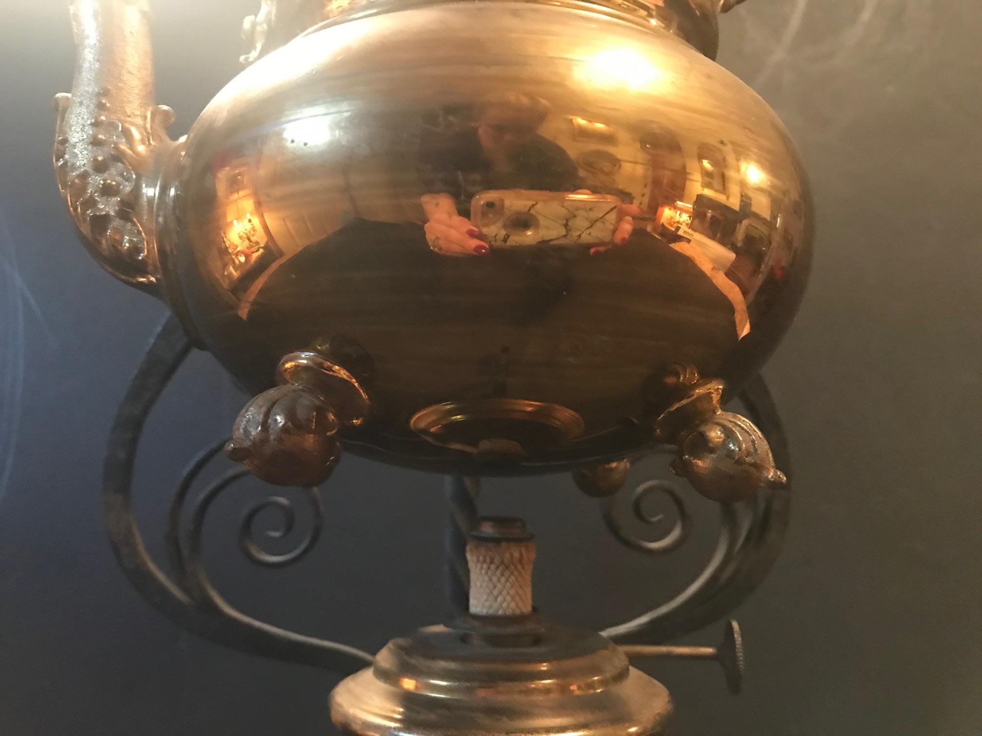 19th Century English Brass Tea Kettle Warmer Rare Wrought Iron Stand 3