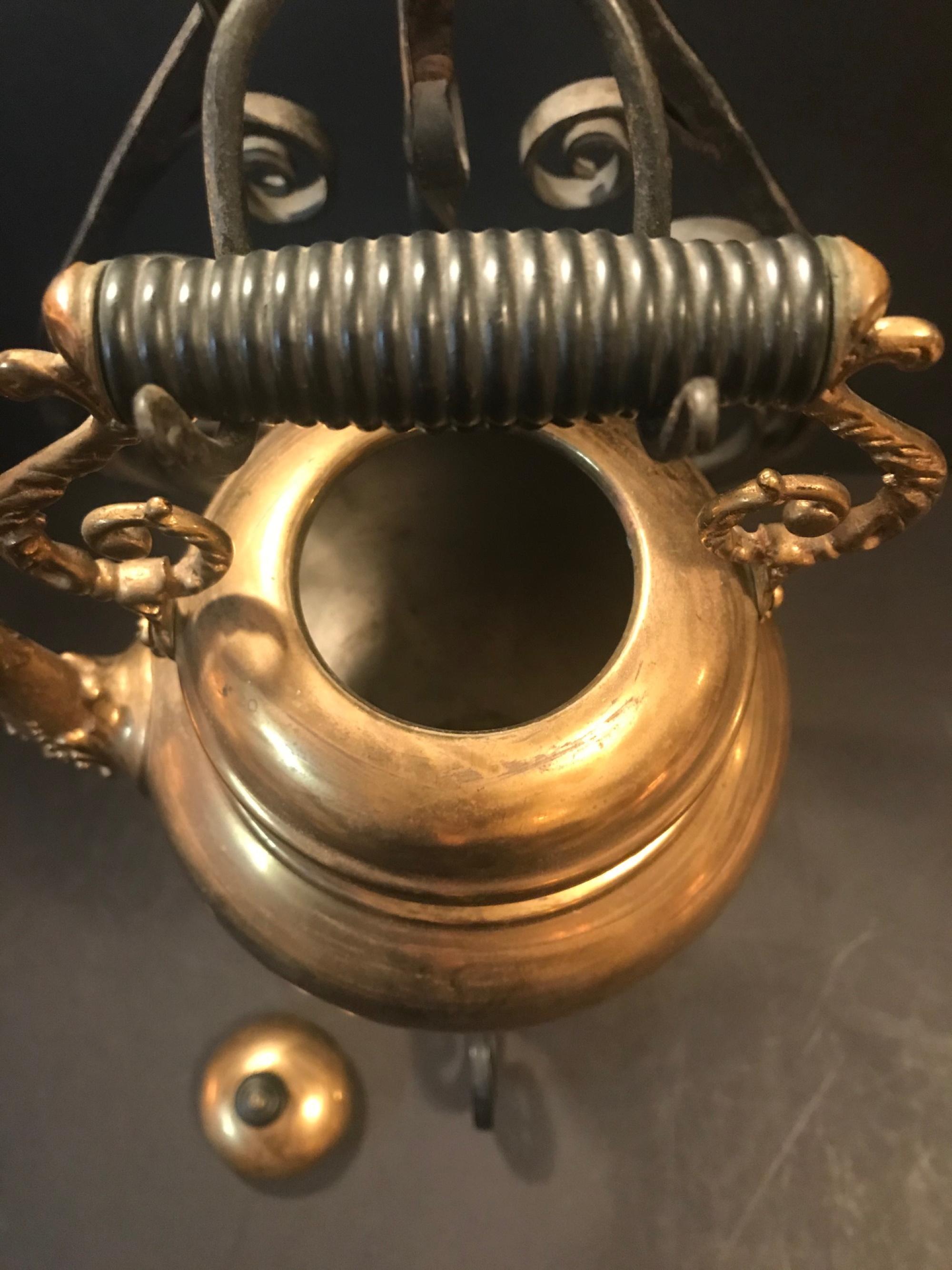 19th Century English Brass Tea Kettle Warmer Rare Wrought Iron Stand 4