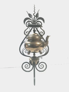 19th Century English Brass Tea Kettle Warmer Rare Wrought Iron Stand