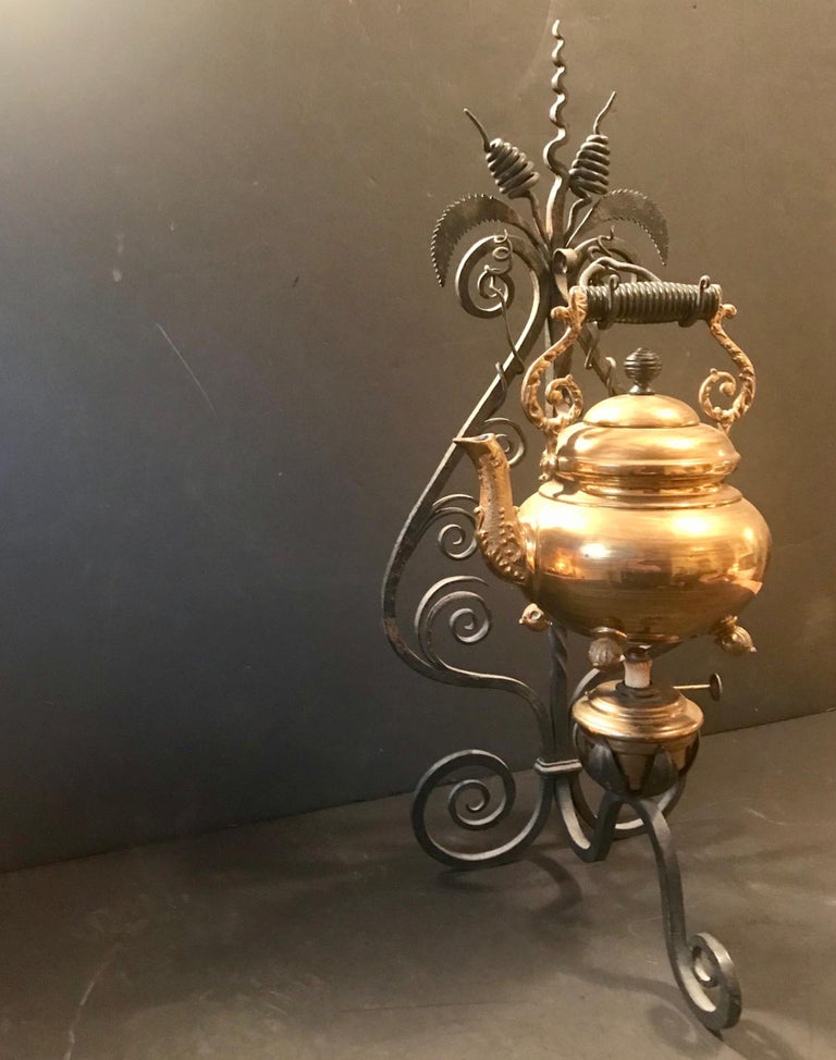 19th Century English Brass Tea Kettle Warmer Rare Wrought Iron Stand at