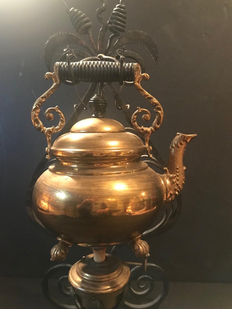 19th Century English Brass Tea Kettle Warmer Rare Wrought Iron Stand at