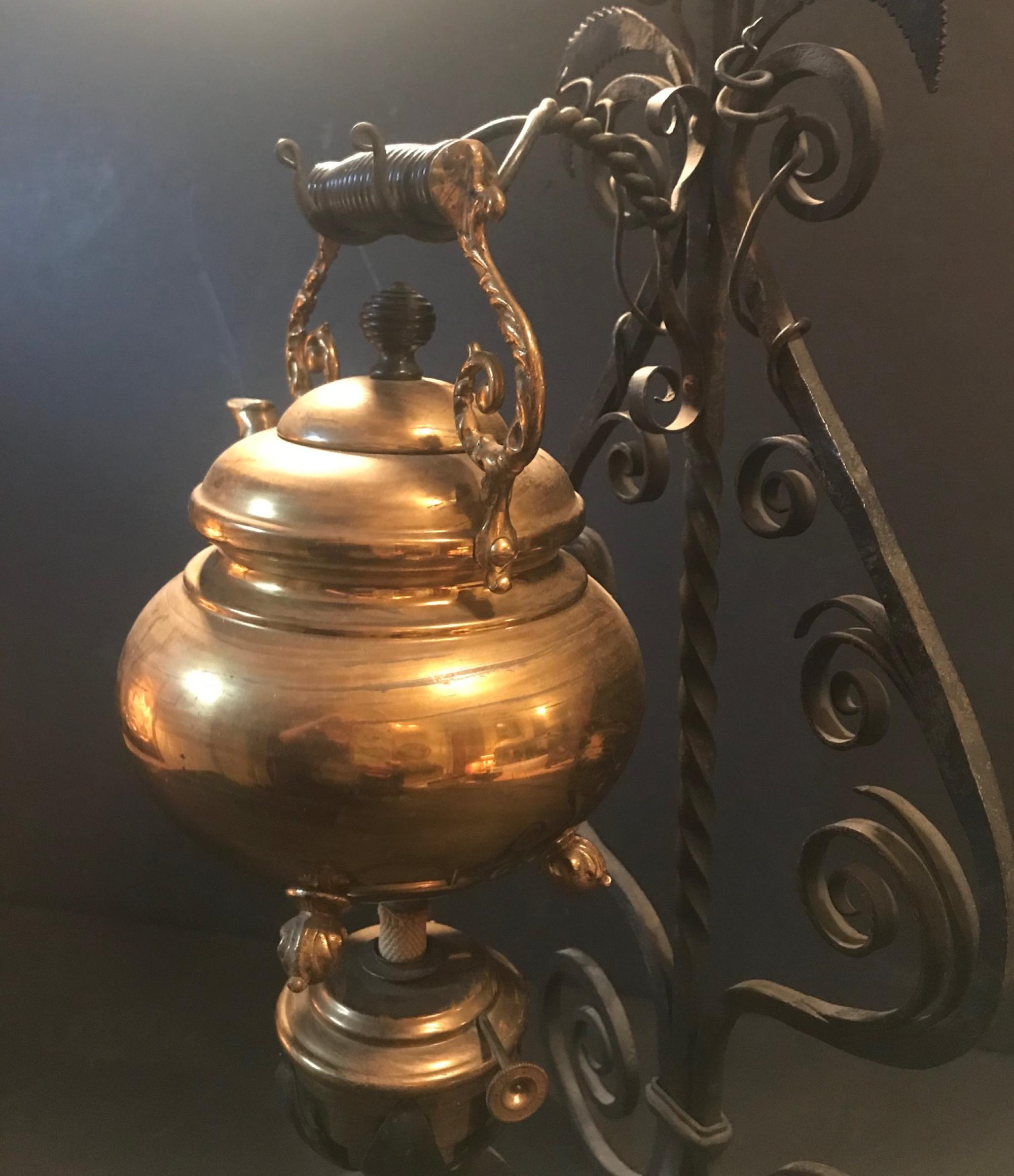 19th Century English Brass Tea Kettle Warmer Rare Wrought Iron Stand In Good Condition In Vero Beach, FL