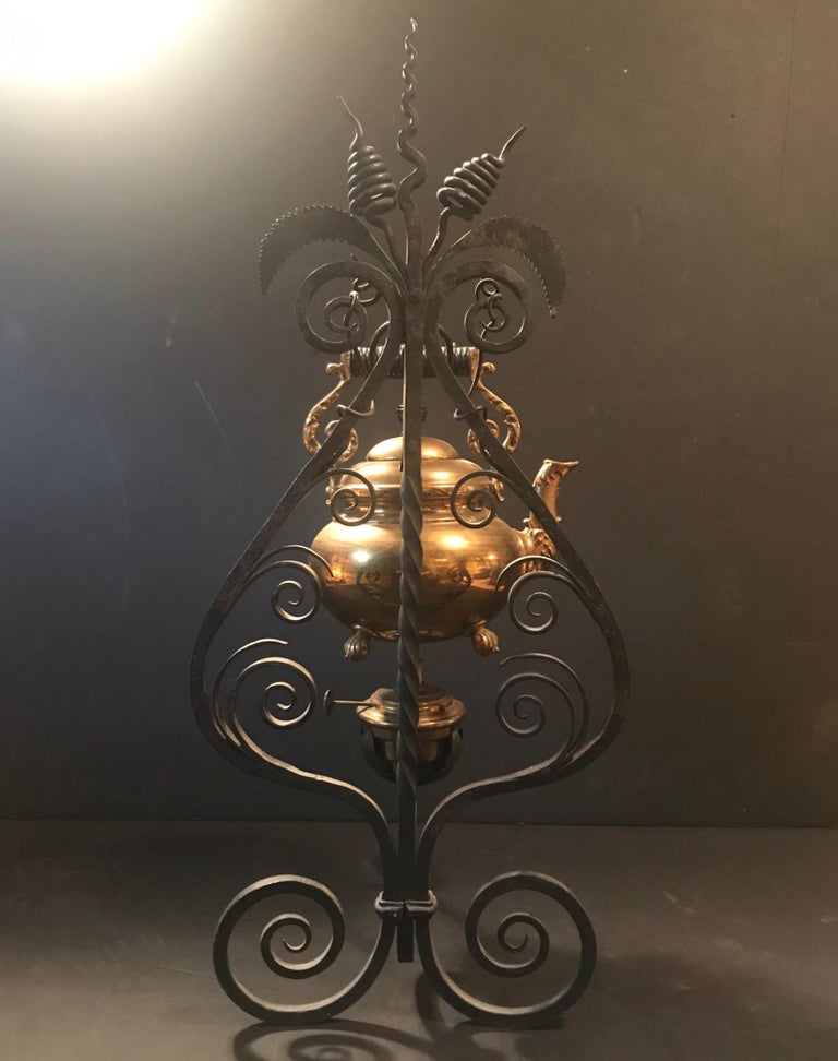 19th Century English Brass Tea Kettle Warmer Rare Wrought Iron Stand at