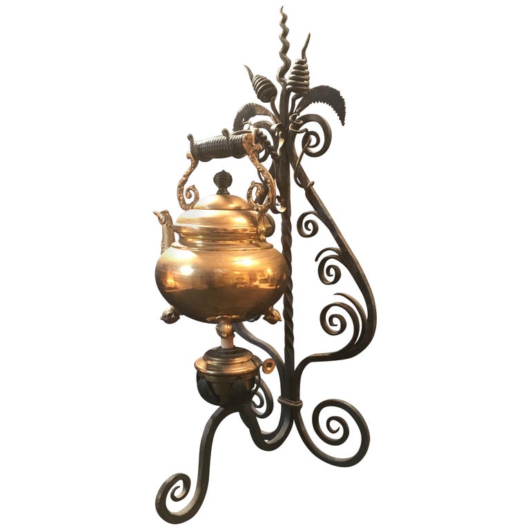 19th Century English Brass Tea Kettle Warmer Rare Wrought Iron Stand at