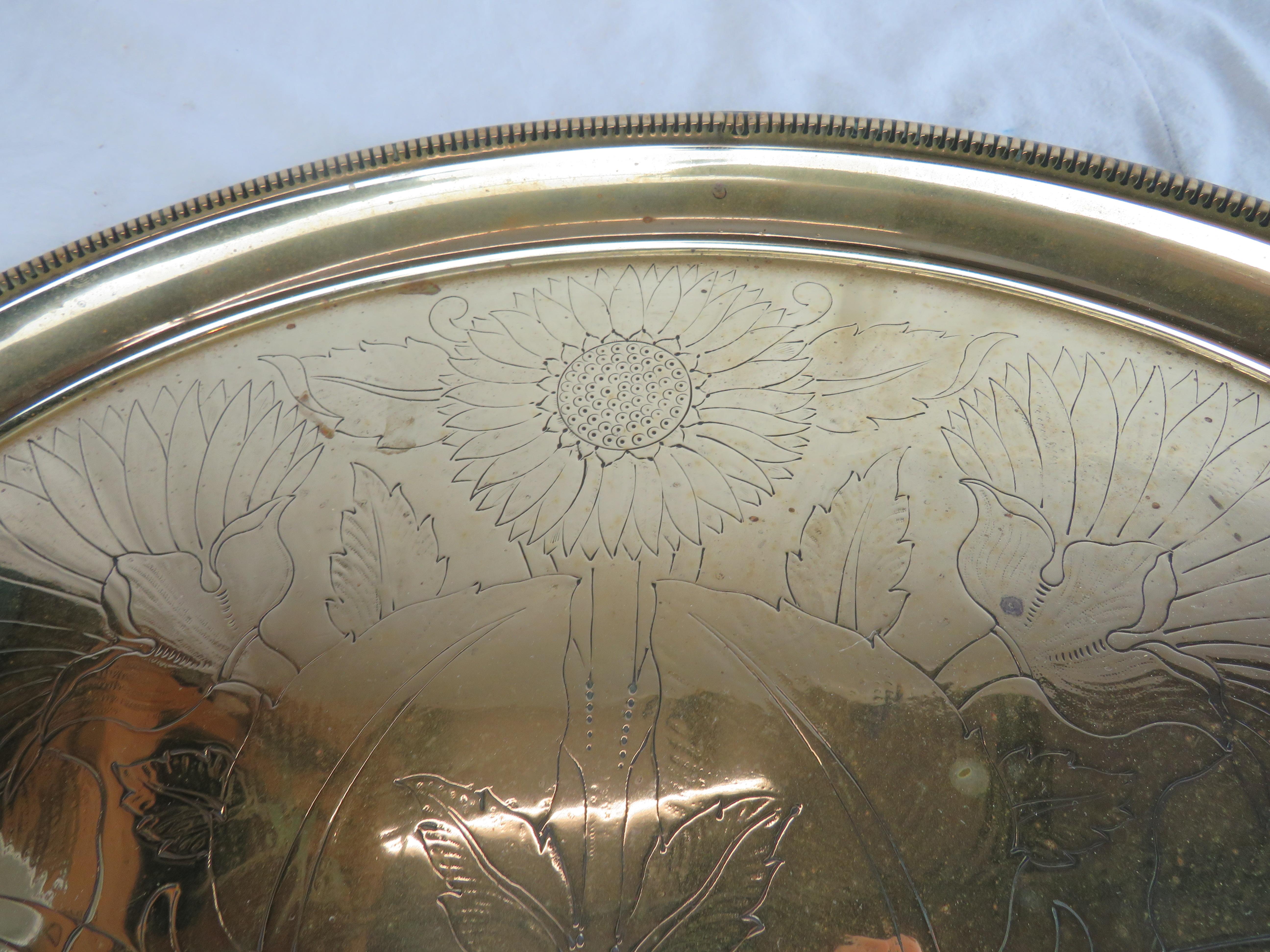 Hand-Crafted 19th Century English Brass Tea Tray with Floral Design For Sale