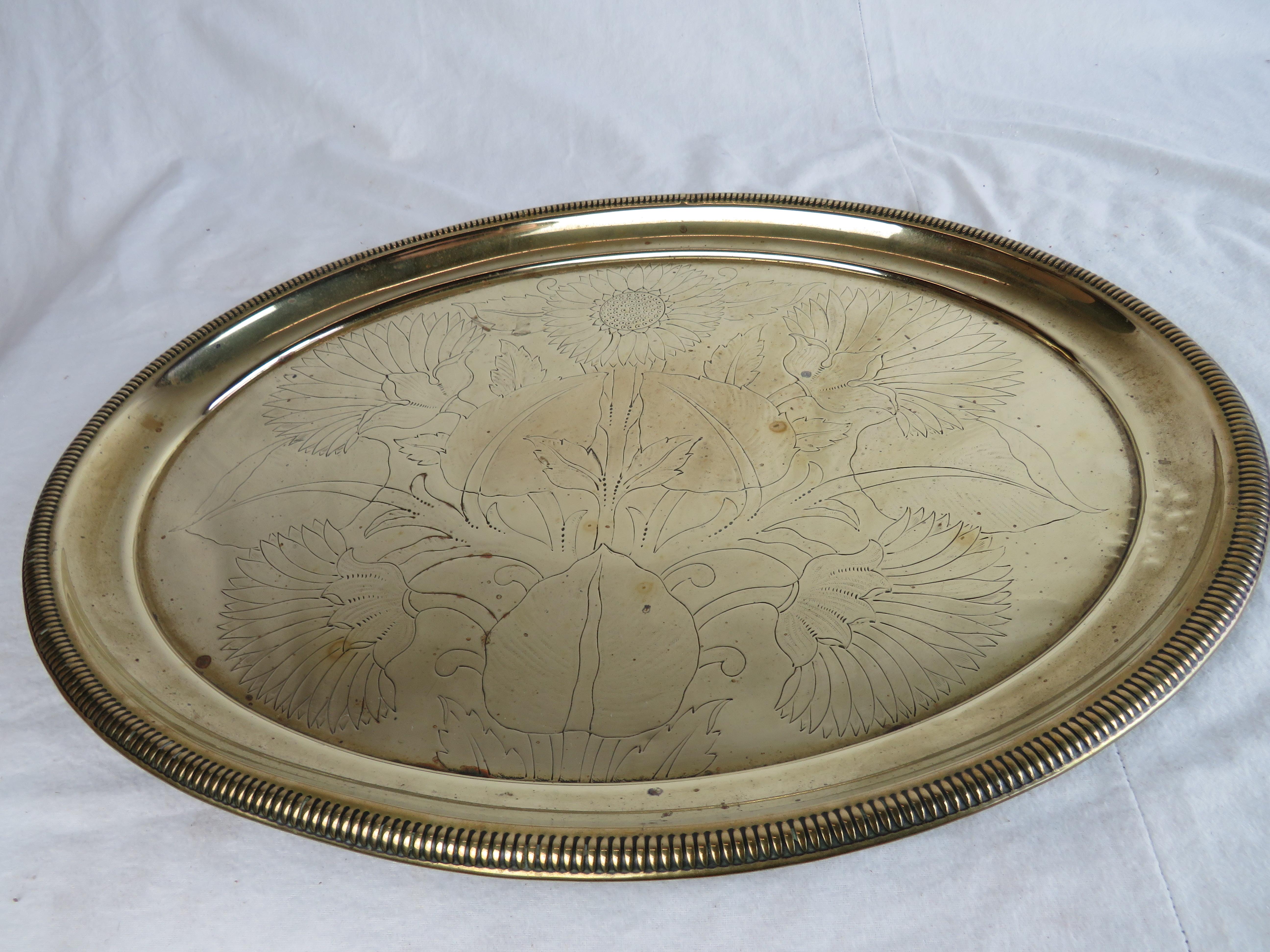 19th Century English Brass Tea Tray with Floral Design In Good Condition For Sale In Nantucket, MA
