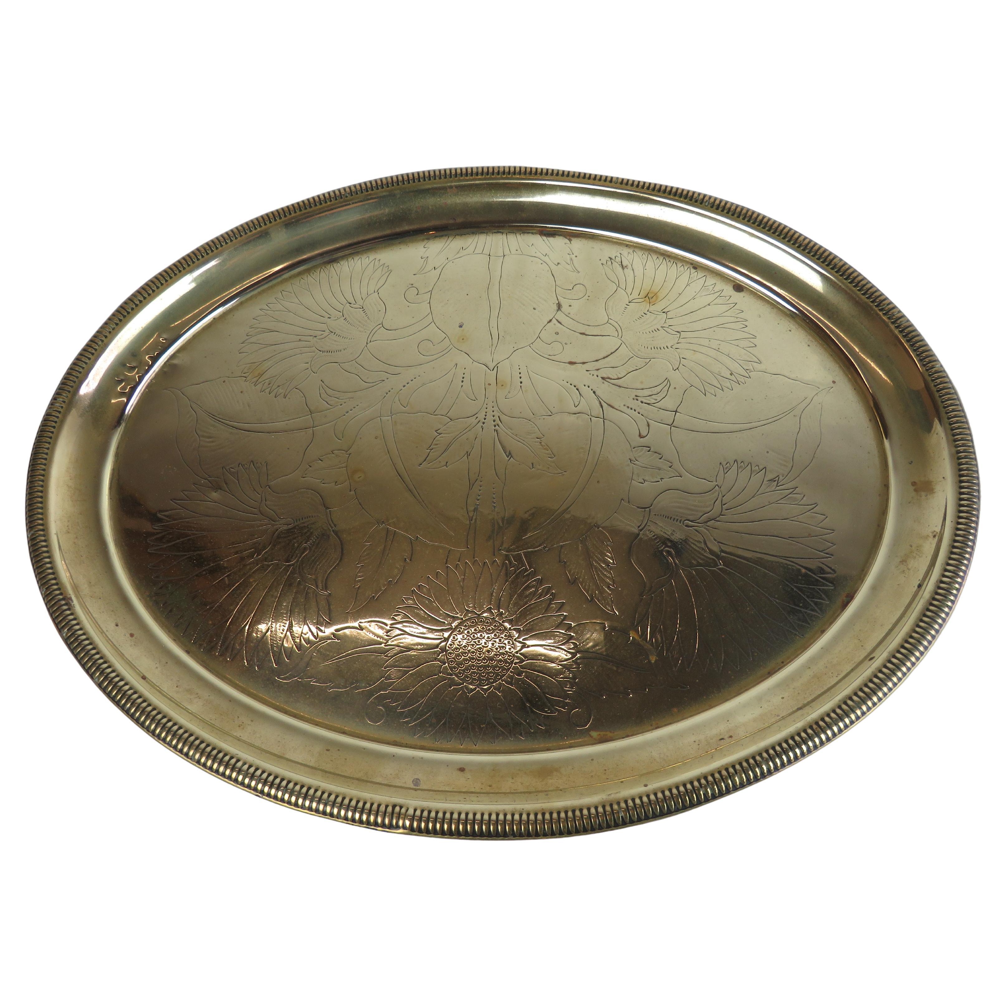 19th Century English Brass Tea Tray with Floral Design