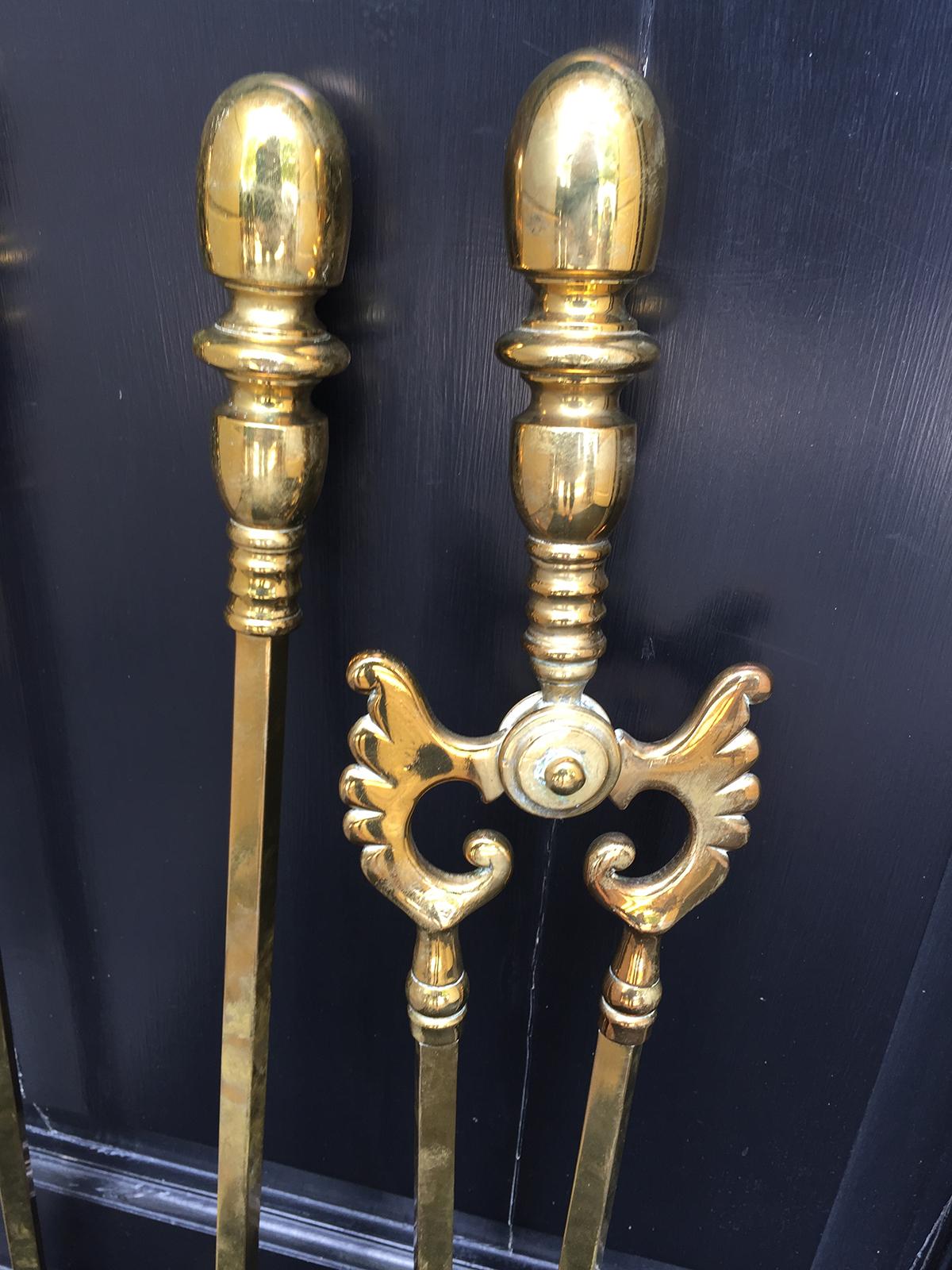 19th Century English Brass Three-Piece Fire Tools Set In Good Condition In Atlanta, GA