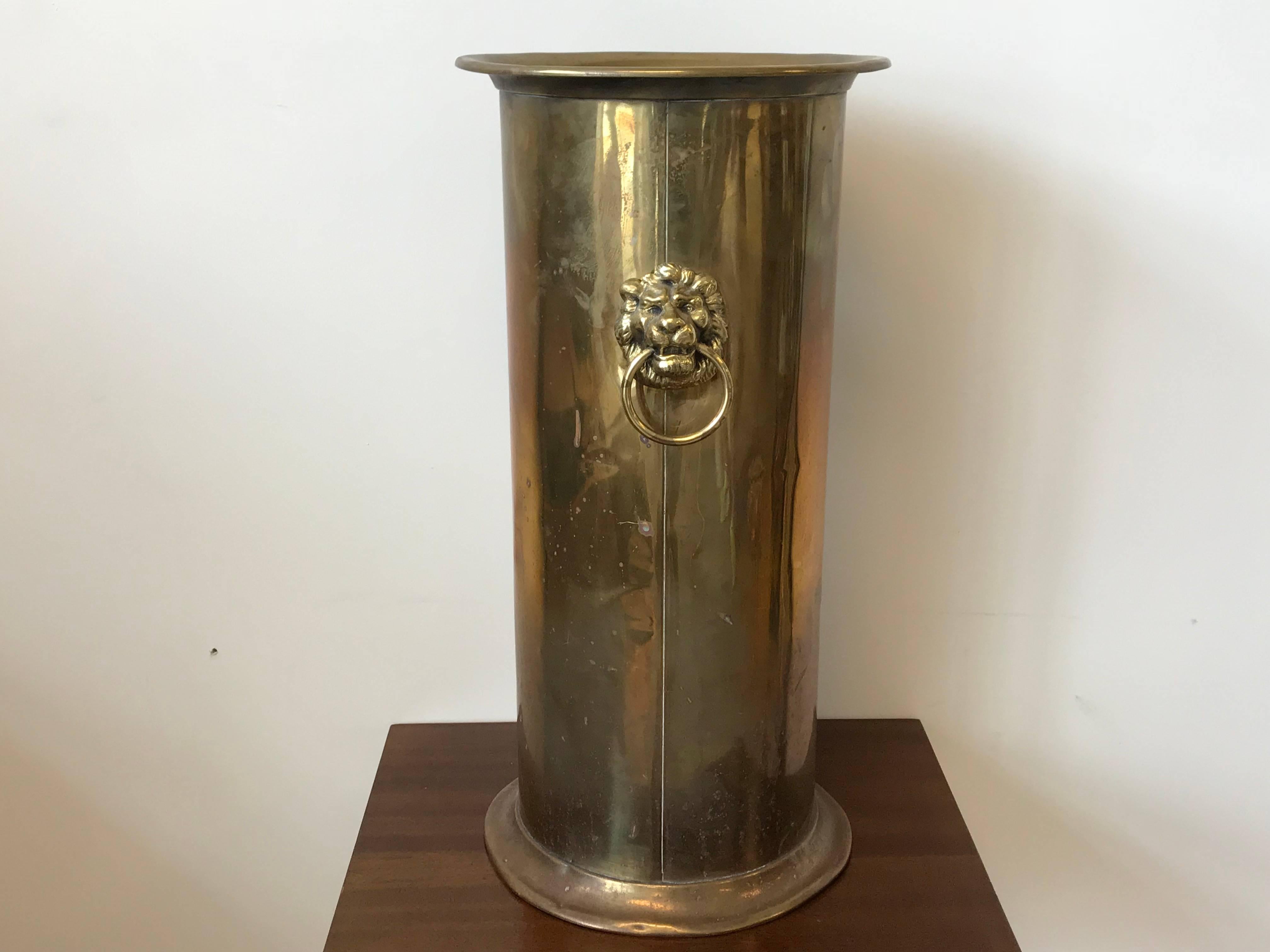 19th Century English Brass Umbrella Stand with Lion Head Pulls In Good Condition In Richmond, VA