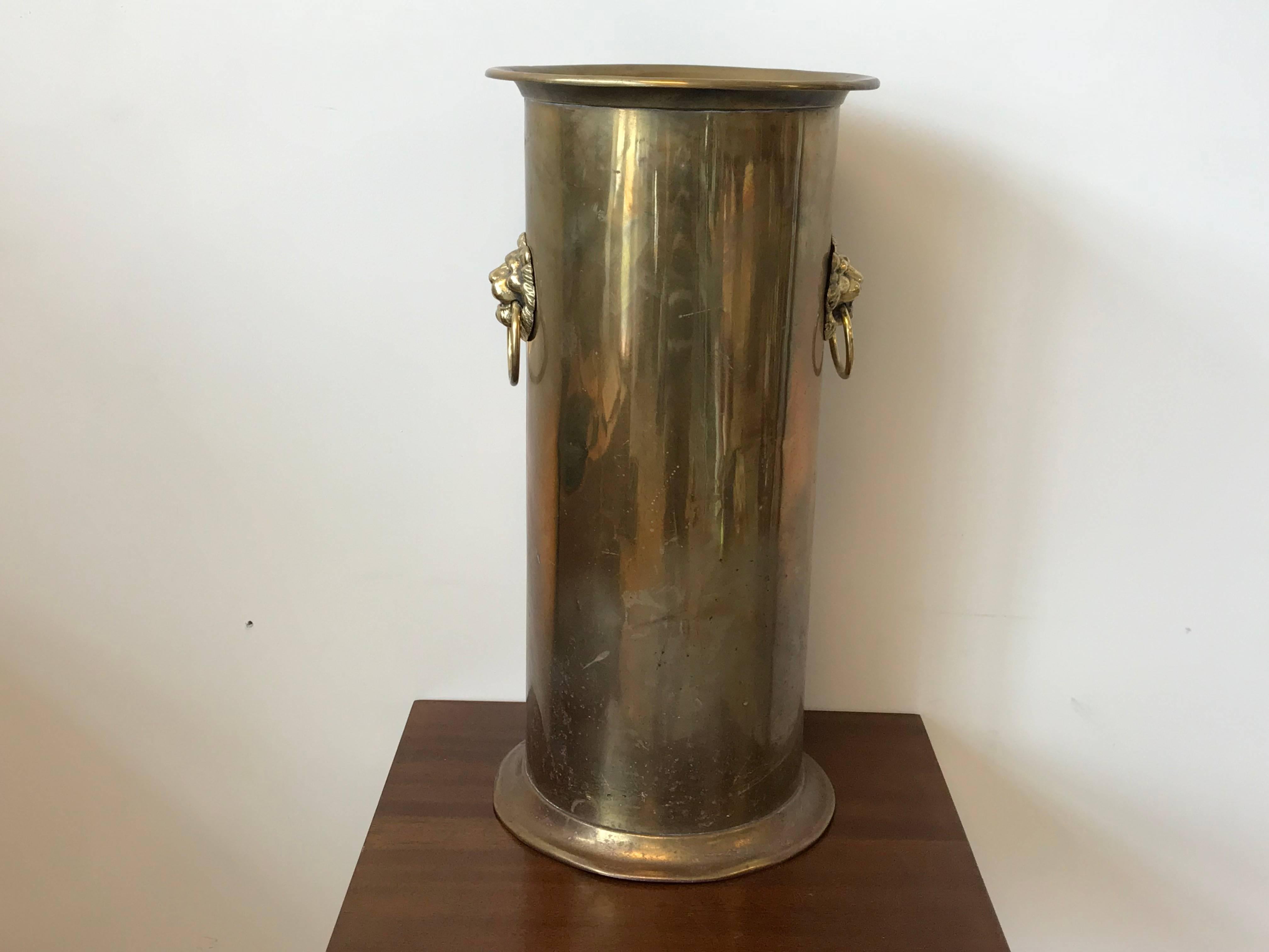 19th Century English Brass Umbrella Stand with Lion Head Pulls 1