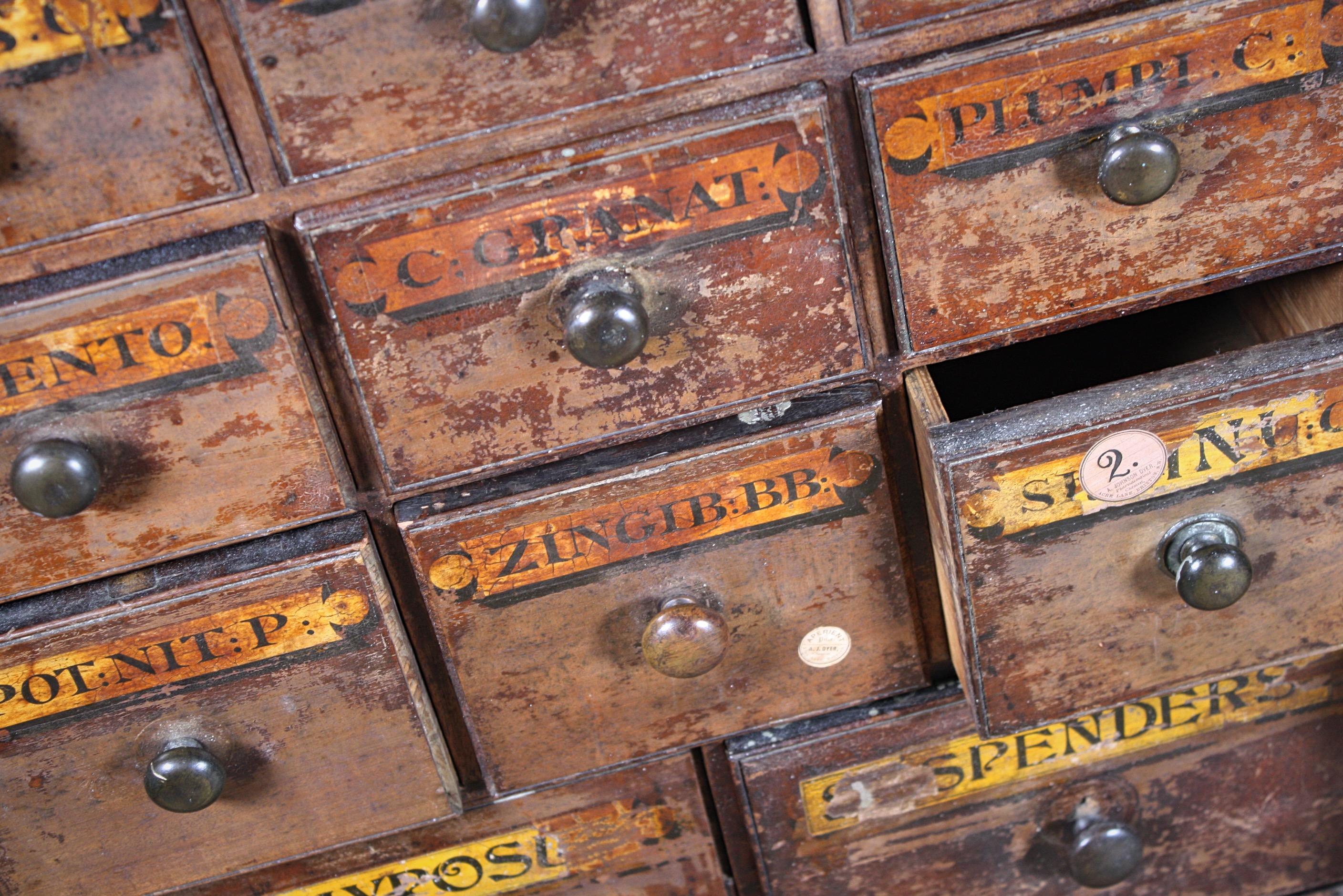 Late Victorian 19th Century English Brixton London Chemist Apothecary Pharmacy Bank of Drawers 