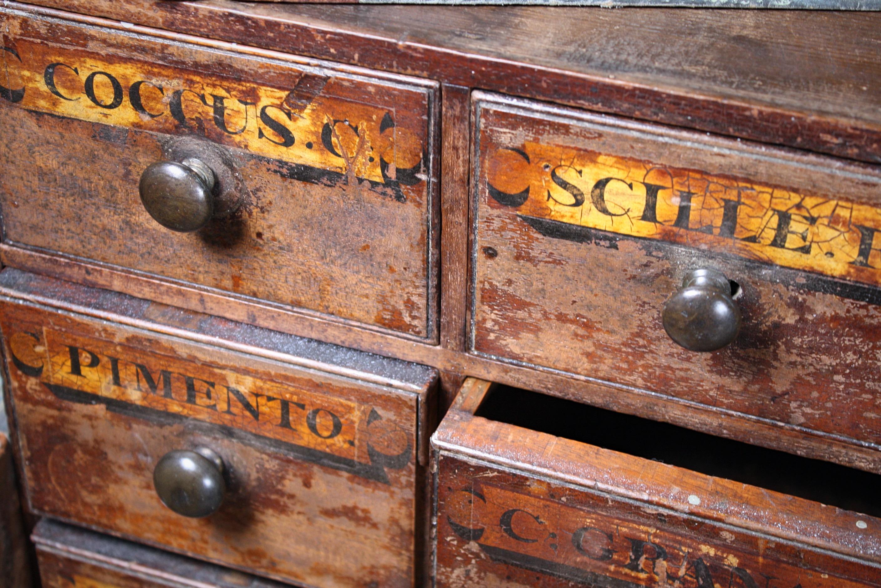 19th Century English Brixton London Chemist Apothecary Pharmacy Bank of Drawers In Good Condition In Lowestoft, GB