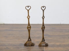 19th-Century English Bronze Andirons with Gothic Details and Heart Finials