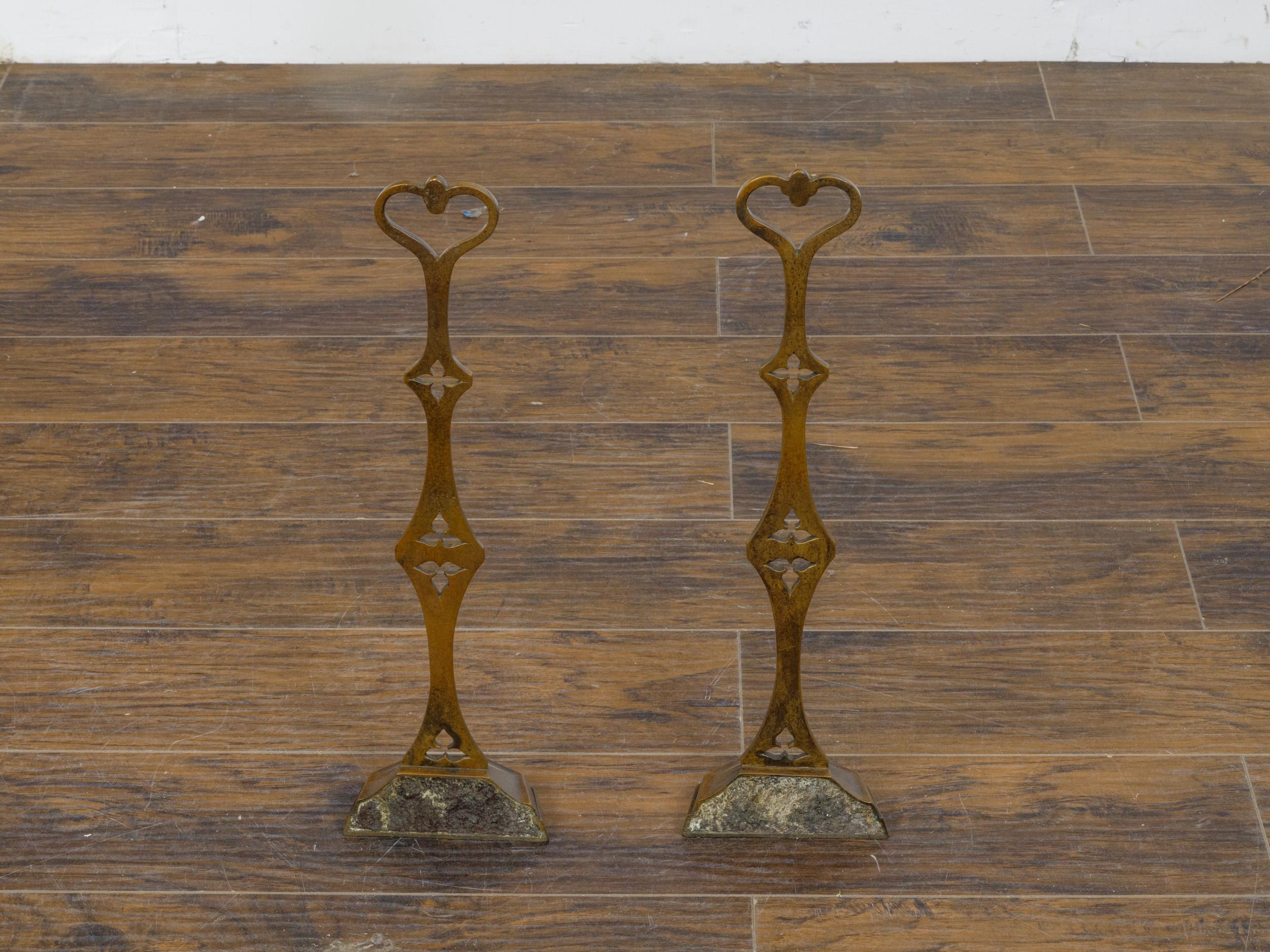 19th Century 19th-Century English Bronze Andirons with Gothic Details and Heart Finials For Sale