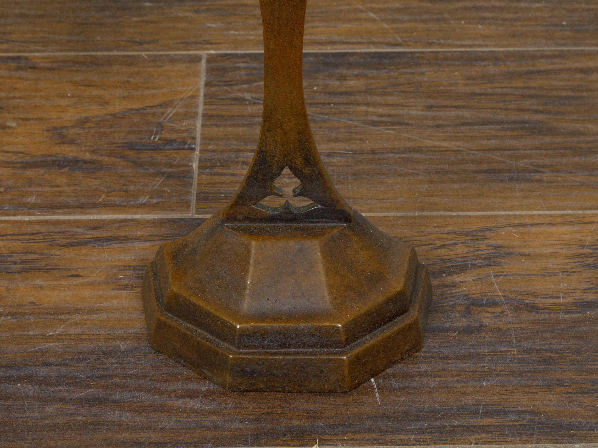 19th-Century English Bronze Andirons with Gothic Details and Heart Finials For Sale 3