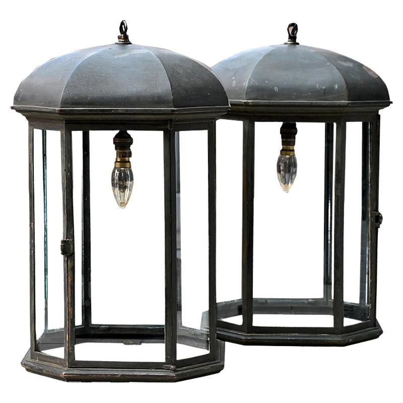 19th Century English Bronze & Copper Oversized Matched Pair of Lanterns For Sale