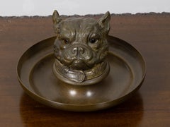19th Century English Bronze Dog-Head Inkwell with Glass Insert and Tray